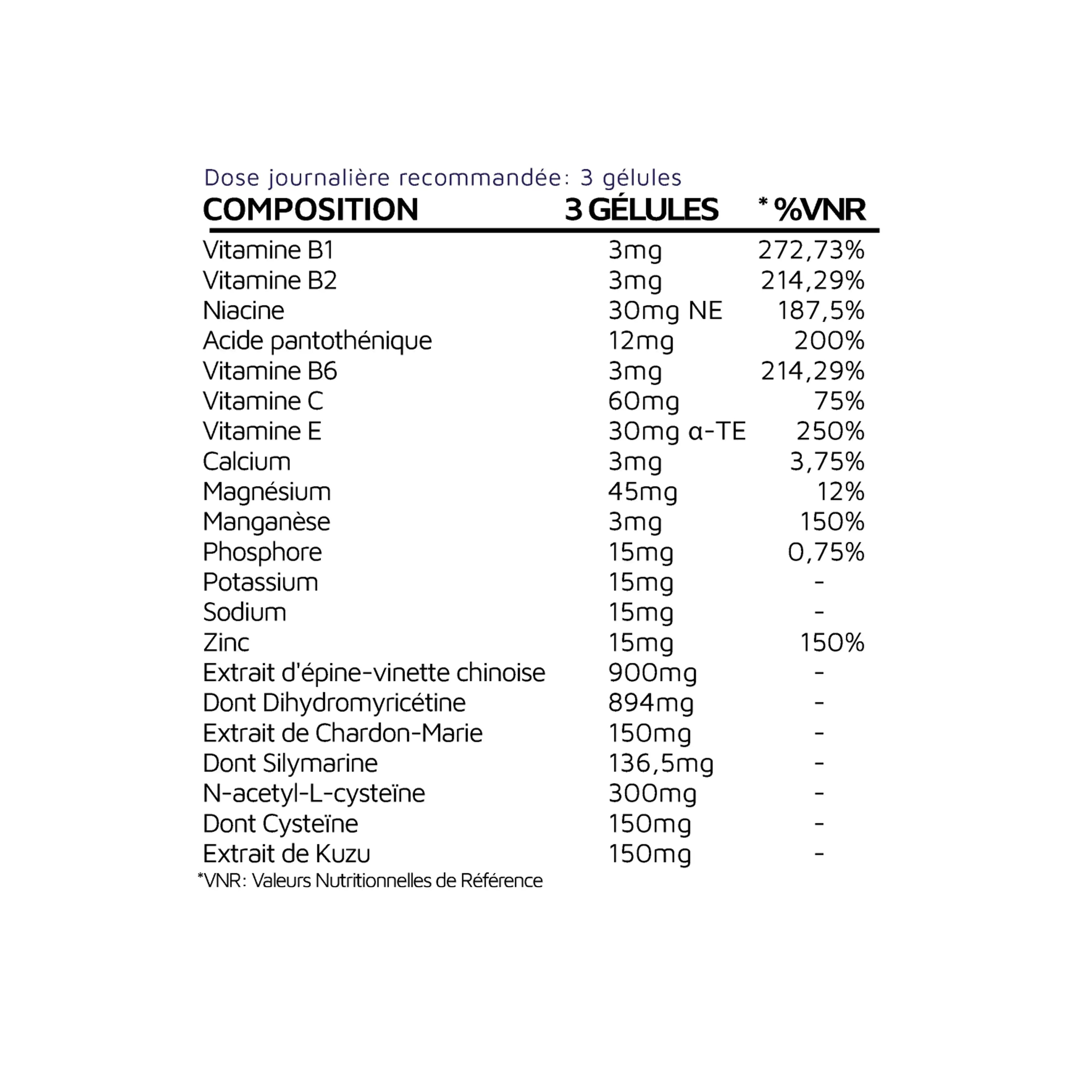 Supplement nutrition facts label in French showing vitamins, minerals, and herbal extracts per serving