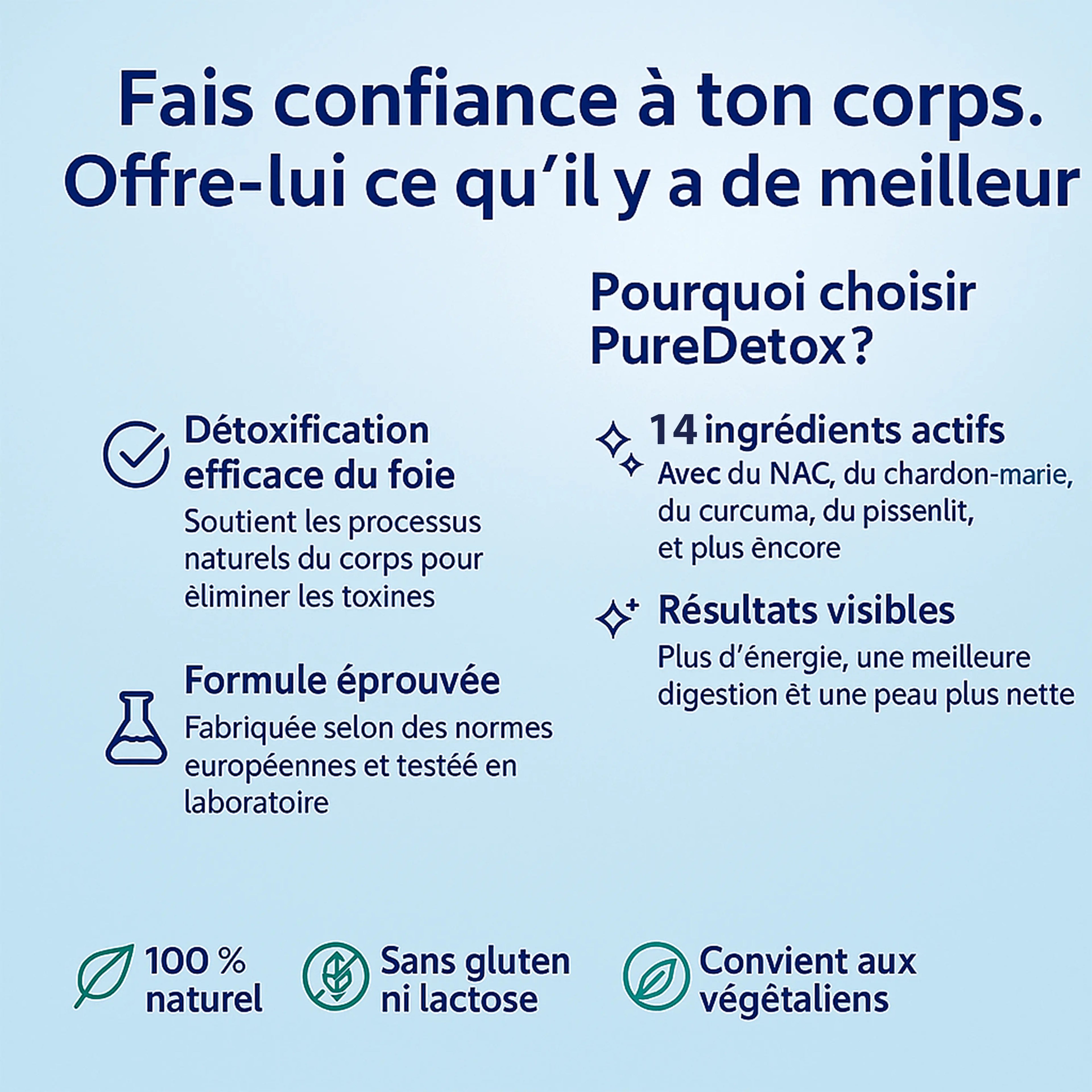 PureDetox French supplement info graphic highlighting liver detox benefits, natural, vegan, gluten-free.