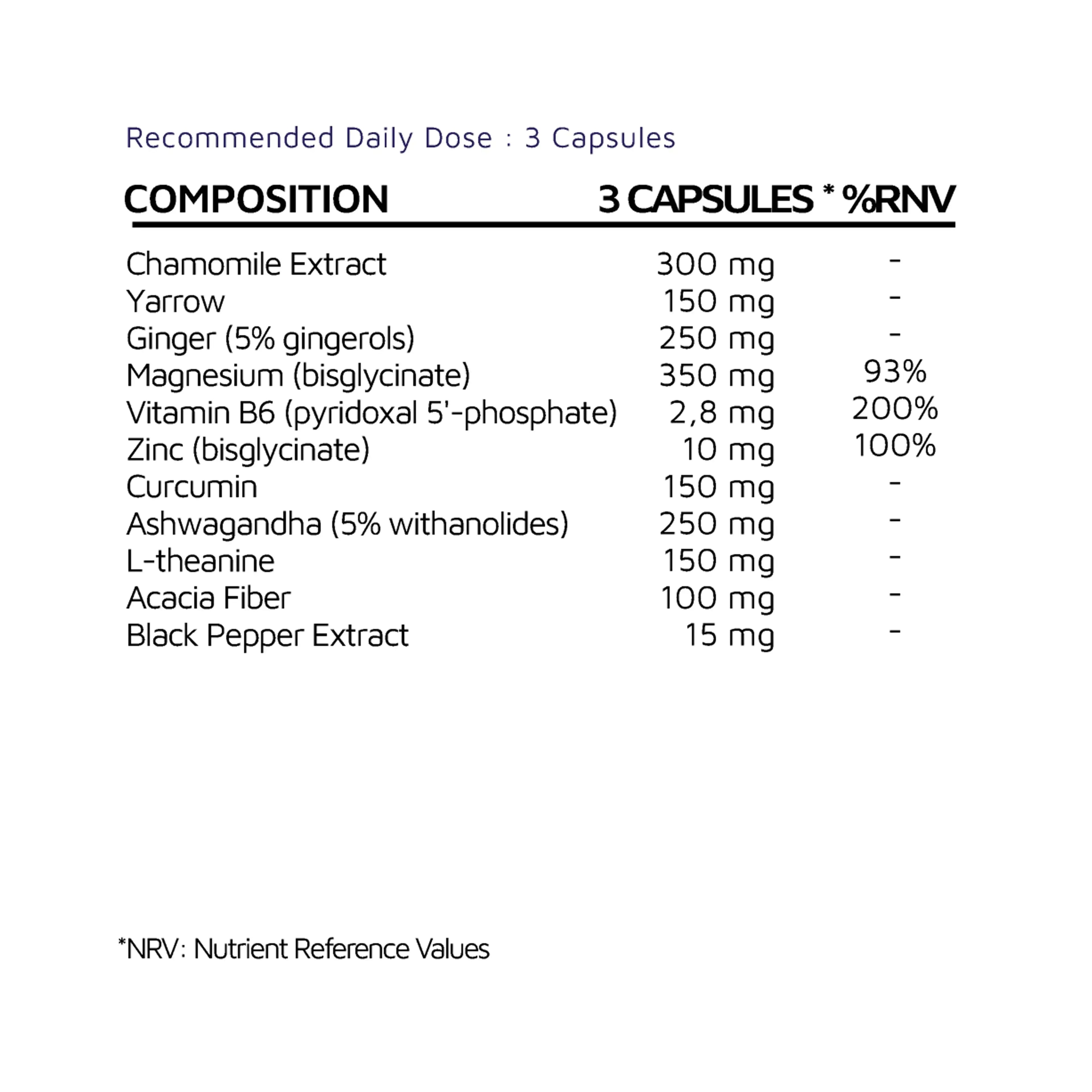 Supplement facts label listing daily dose and ingredients like chamomile, yarrow, ginger, magnesium, vitamin B6, zinc, curcumin, ashwagandha, L-theanine, acacia fiber, and black pepper extract.