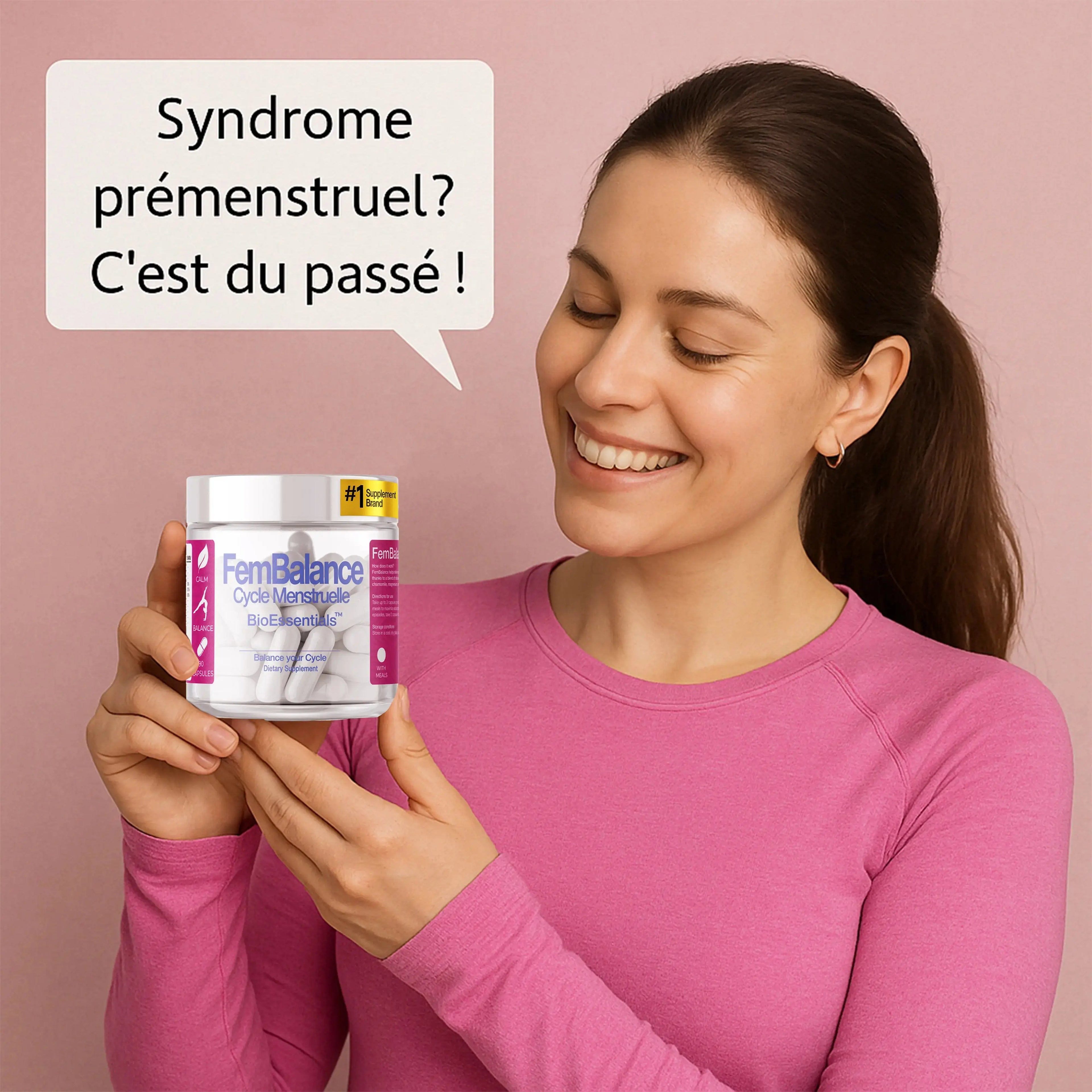 Smiling woman in pink shirt holding FemBalance menstrual cycle supplement bottle against pink background.