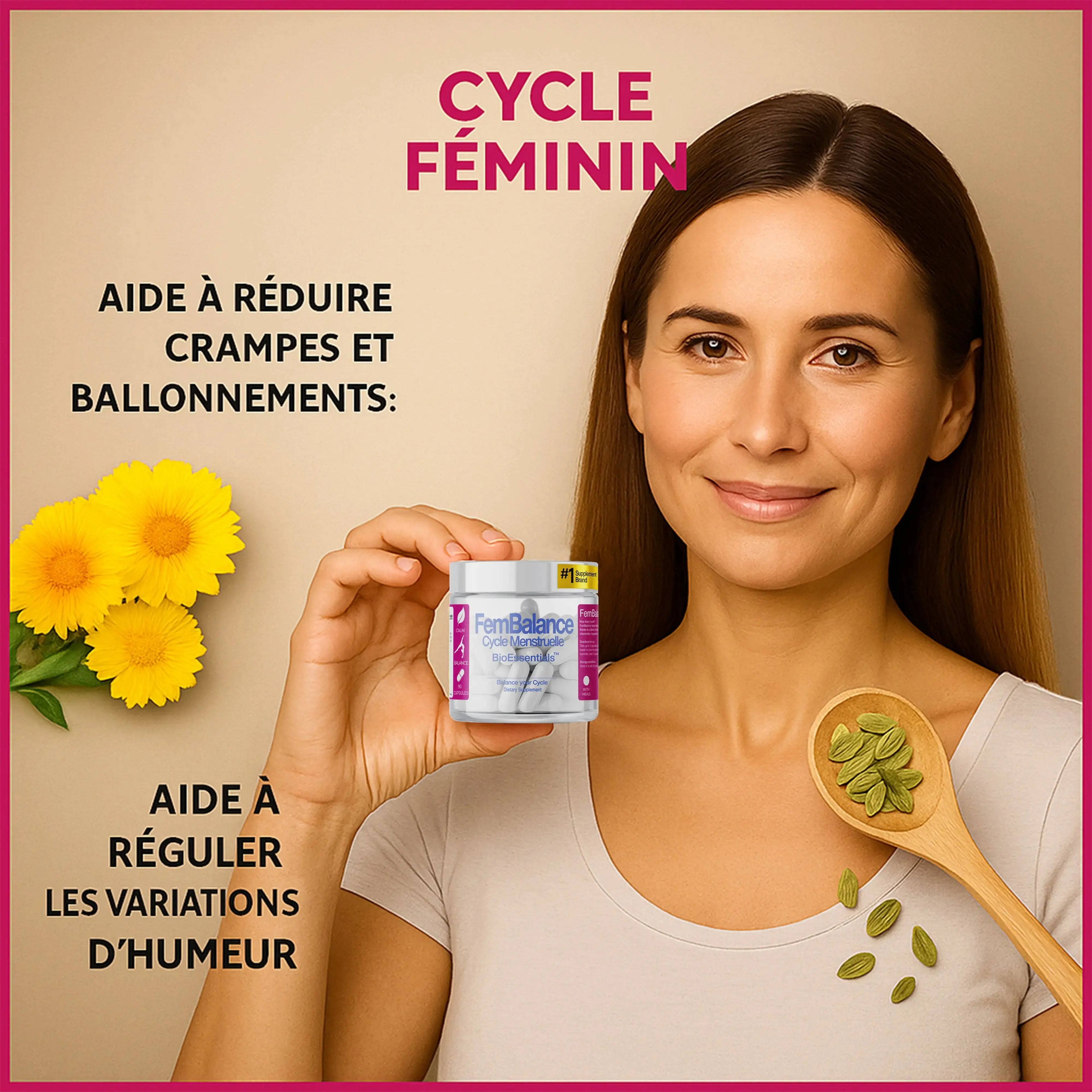 Woman holding FemBalance menstrual cycle supplement jar, with marigold flowers and a spoon of capsules, promoting relief for cramps, bloating, and mood balance.