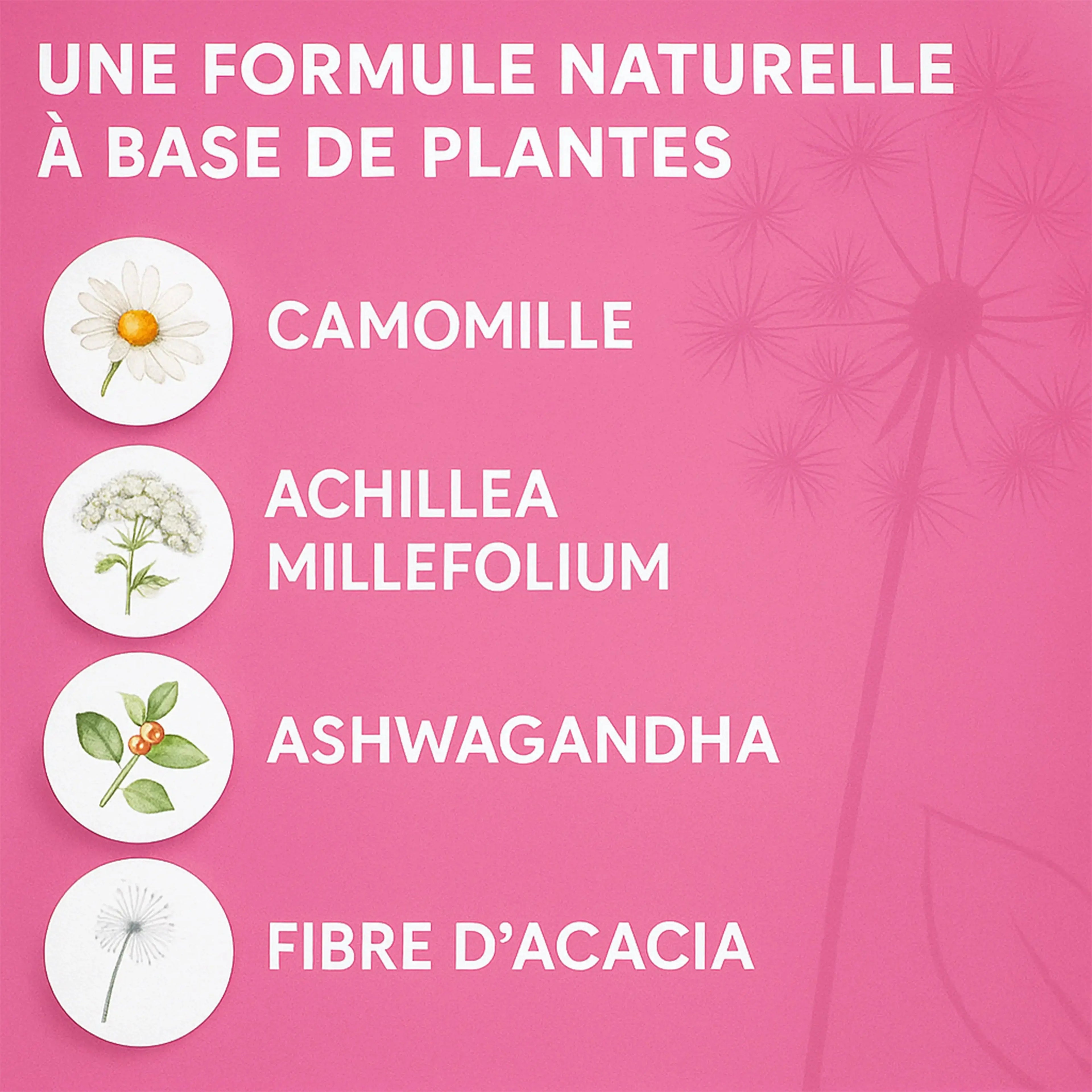 Pink supplement graphic with chamomile, yarrow, ashwagandha, and acacia fiber illustrations.