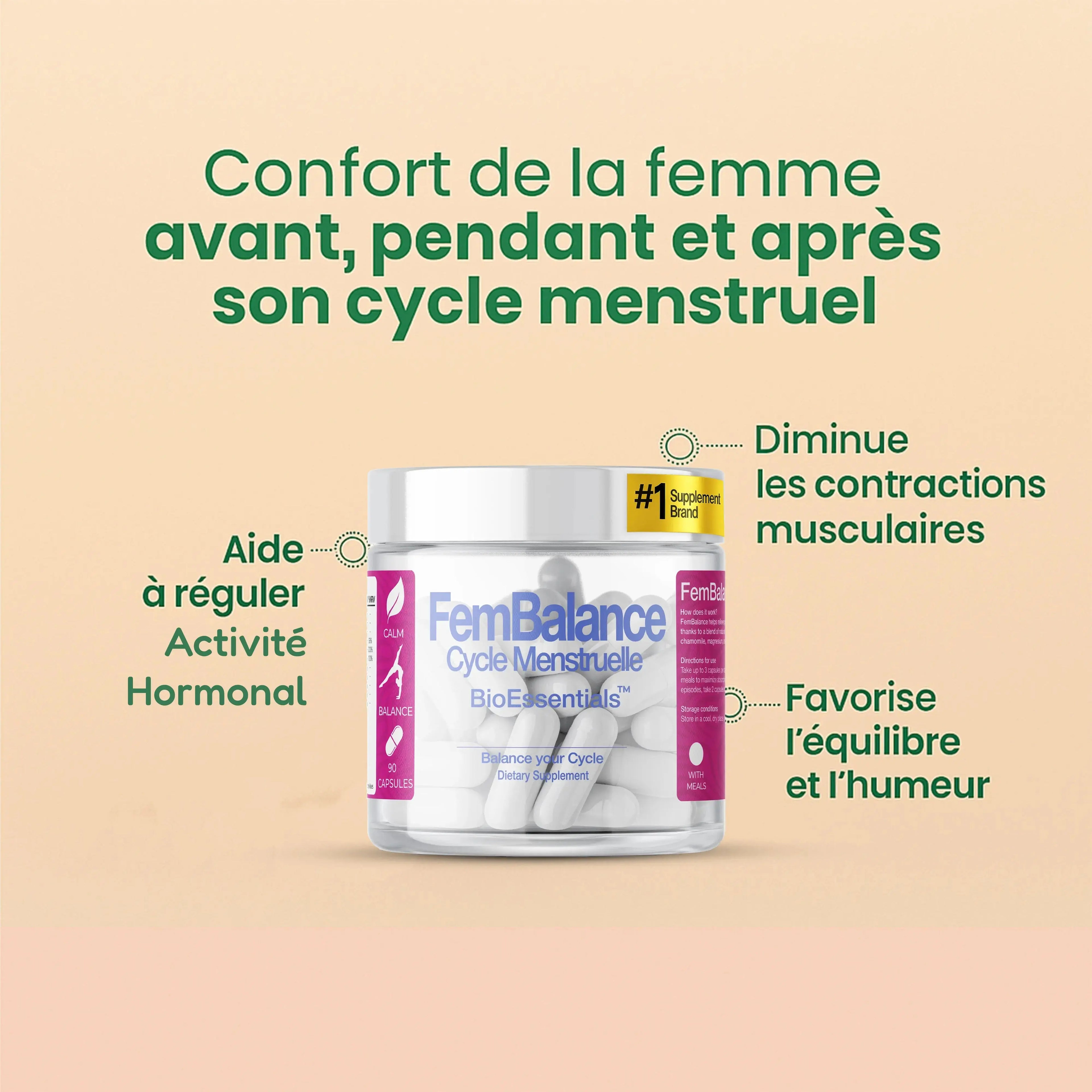 FemBalance menstrual cycle supplement bottle with benefits for hormonal regulation, muscle comfort, and mood support.