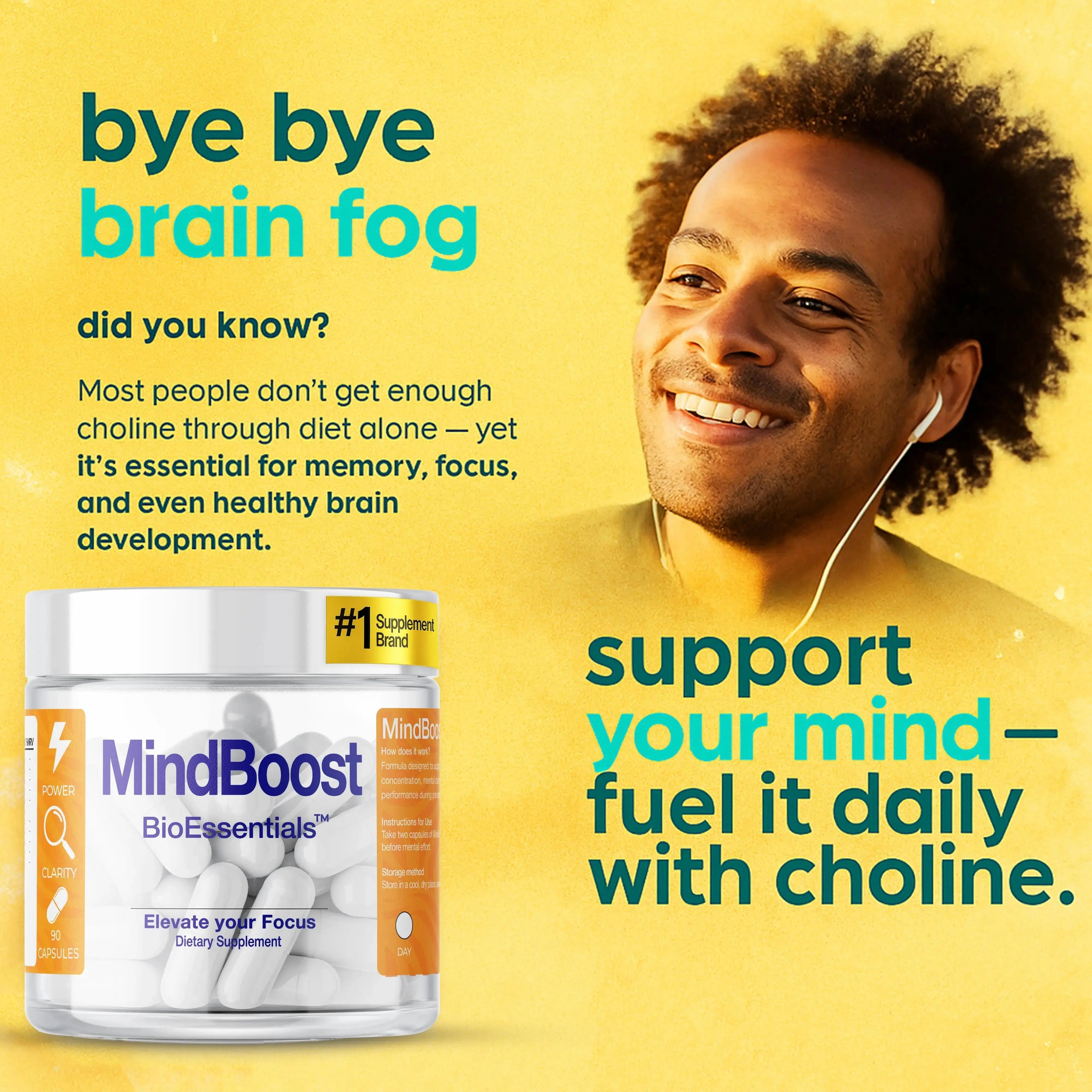 MindBoost cognitive supplement bottle promoting memory, focus, and brain health with choline, smiling person on yellow background.