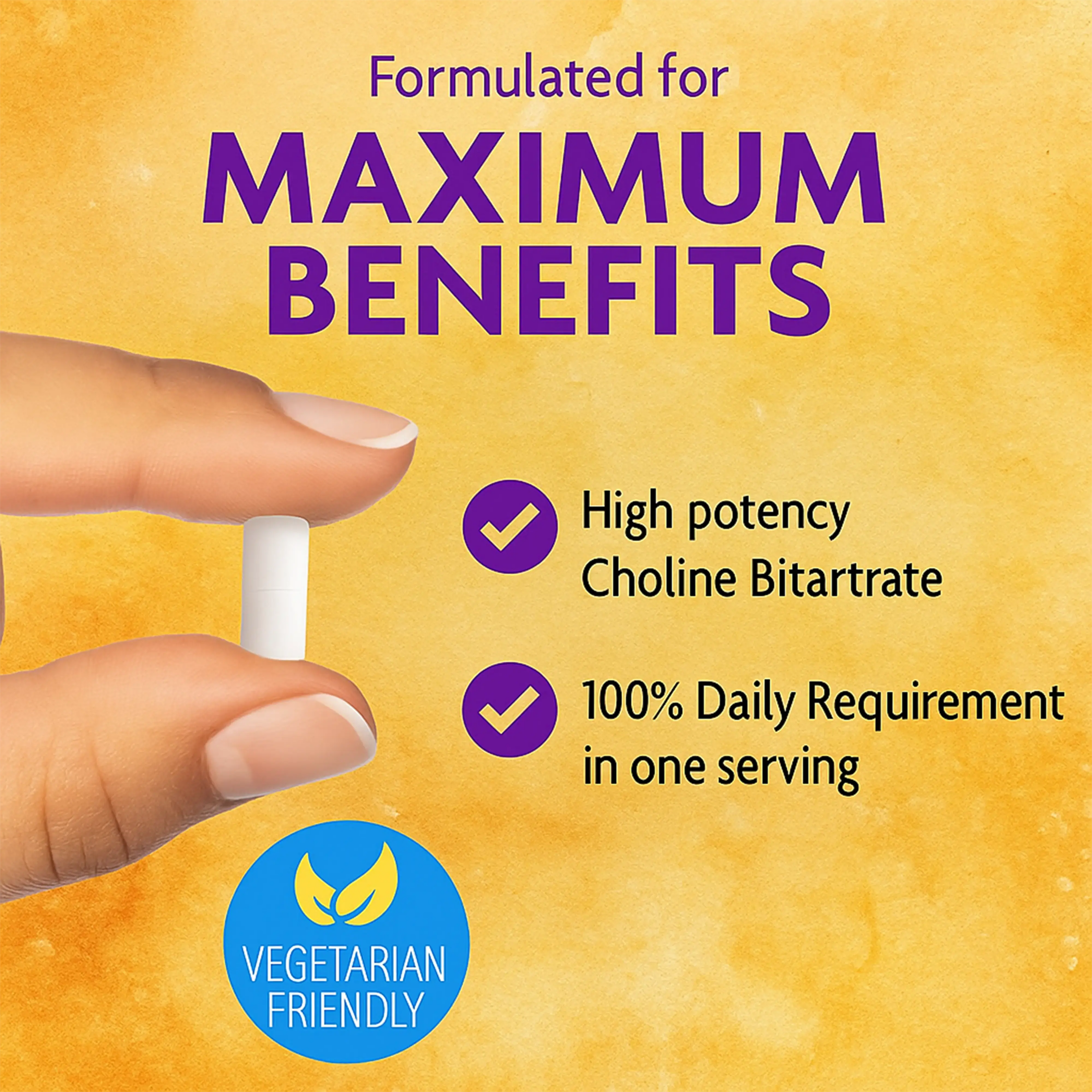 Hand holding choline bitartrate supplement capsule, featuring high potency and vegetarian friendly benefits, on a yellow background.