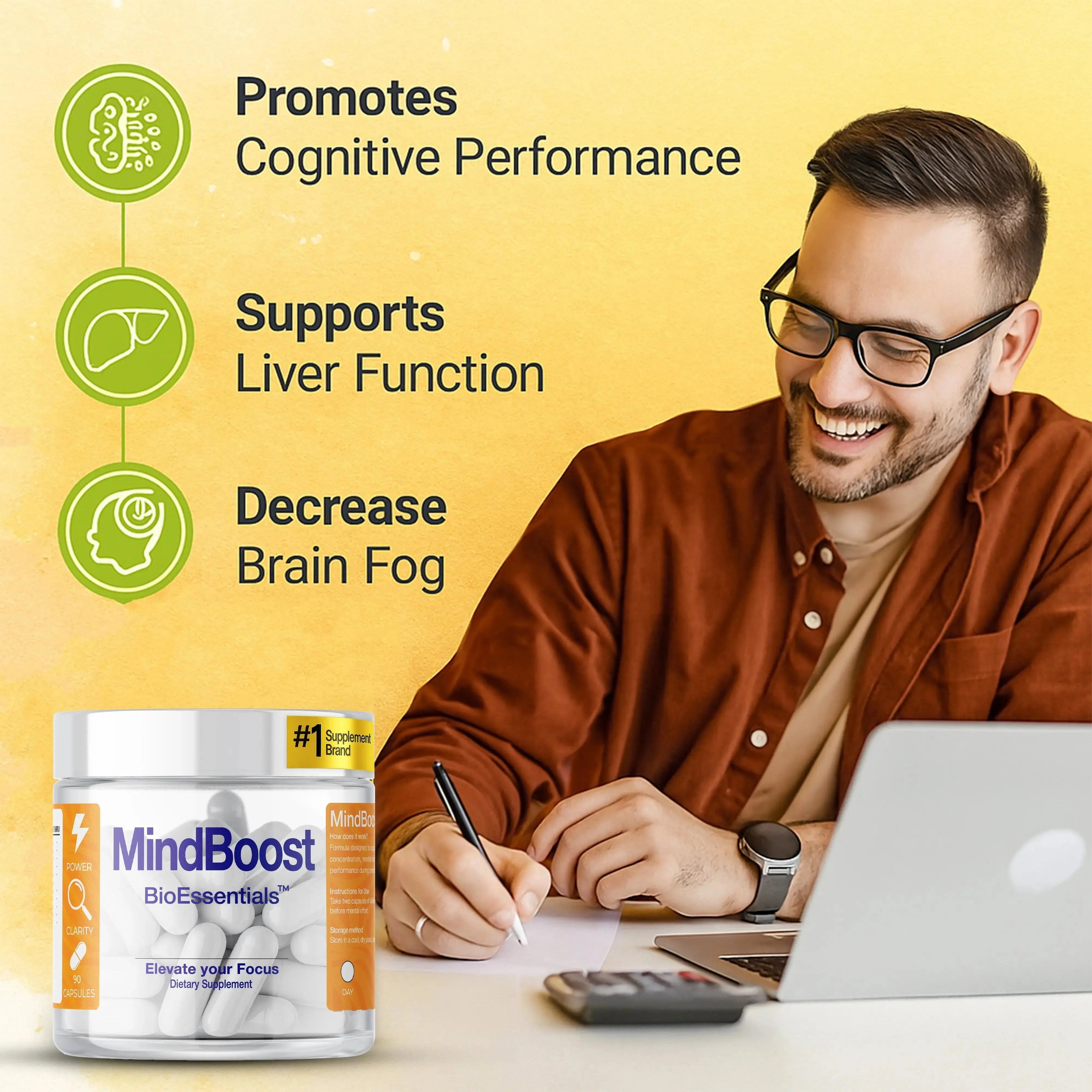 Smiling man at desk with MindBoost supplement, promoting cognitive performance and liver support.