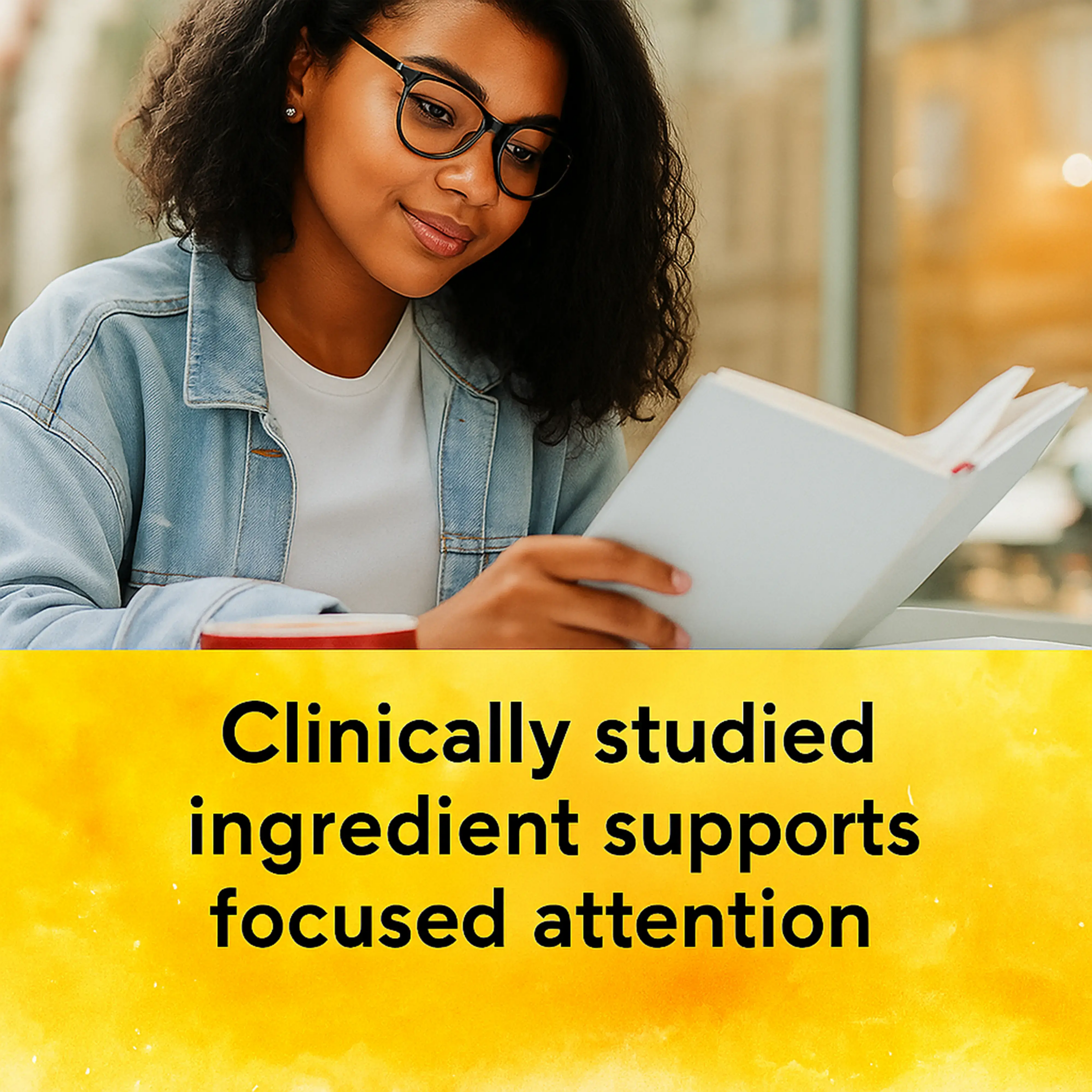 Woman studying with a book and coffee, text promotes focused attention supplement ingredient