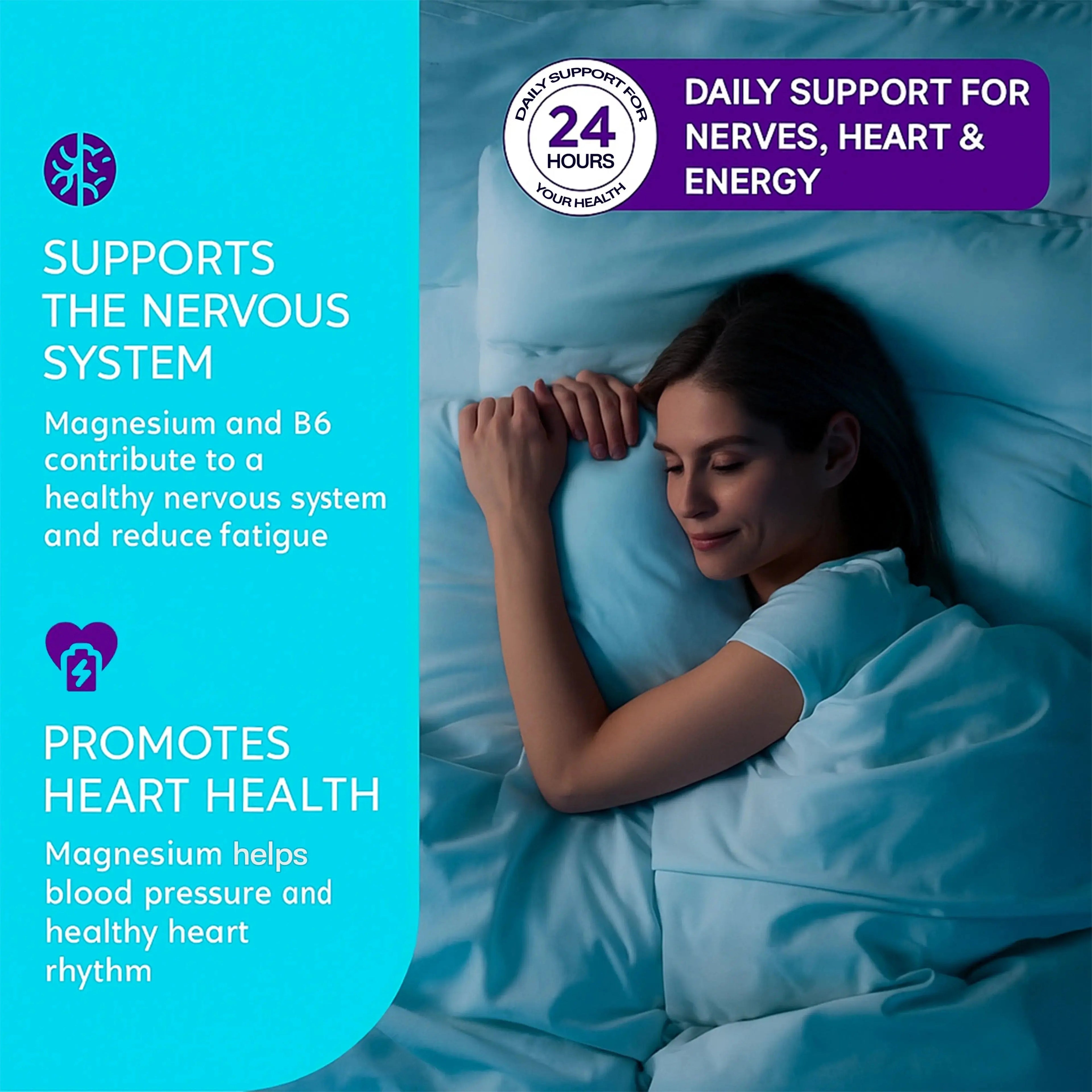 Woman sleeping peacefully in bed, text highlights magnesium and B6 benefits for nerves, heart, and energy support.