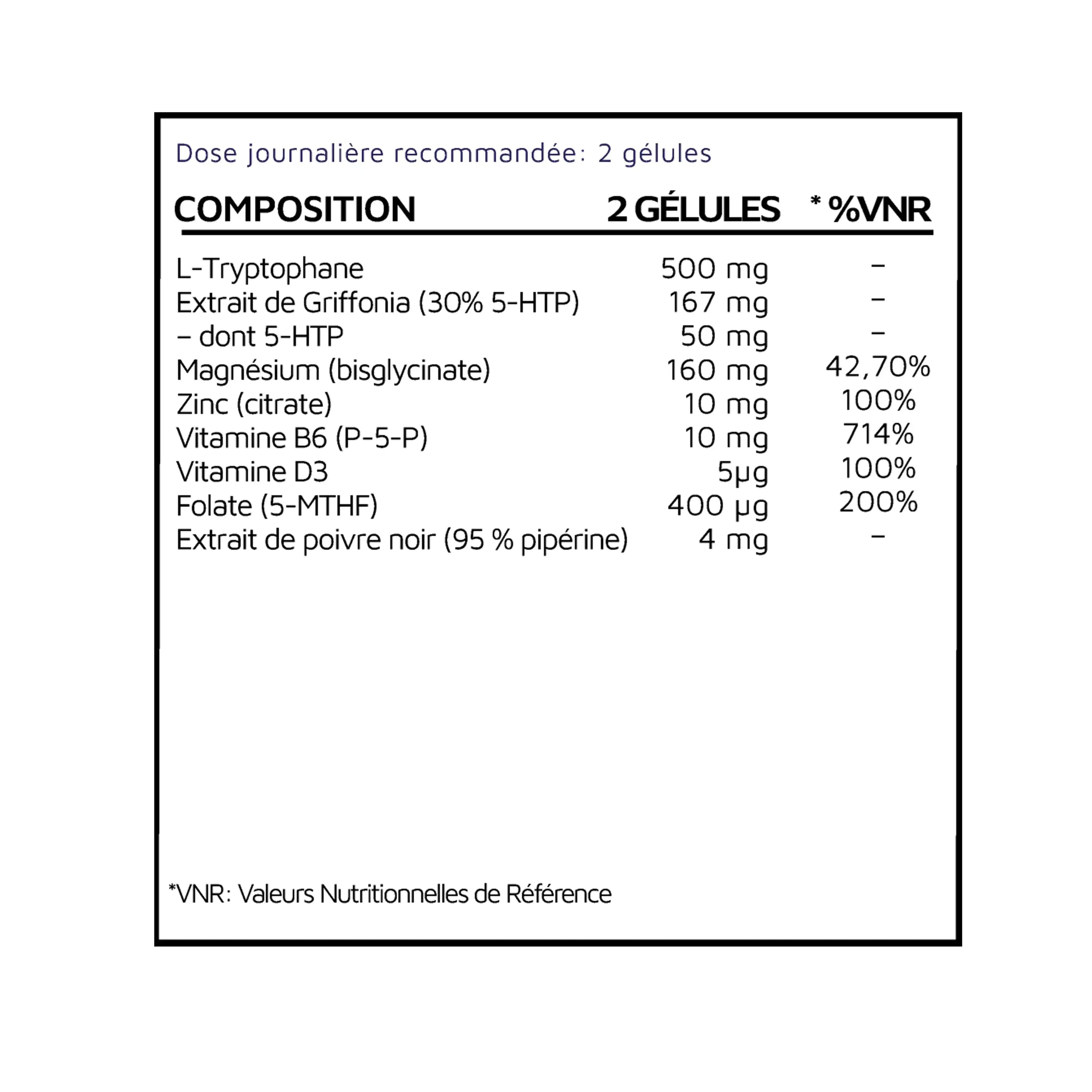 Supplement facts label in French listing ingredients like L-Tryptophan, magnesium, zinc, vitamin B6, vitamin D3, folate, black pepper extract.