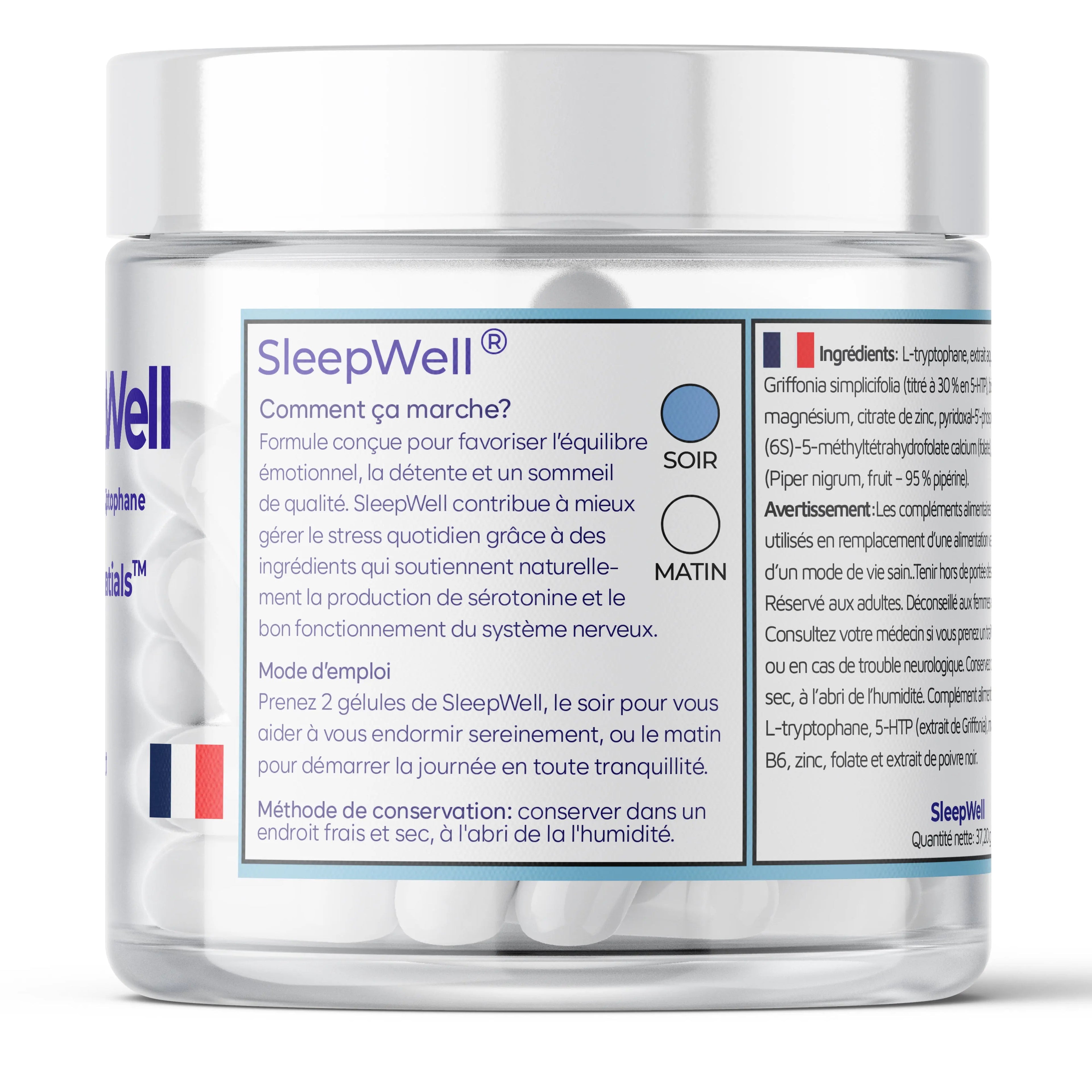 SleepWell supplement jar with French instructions and visible white capsules, sleep support product