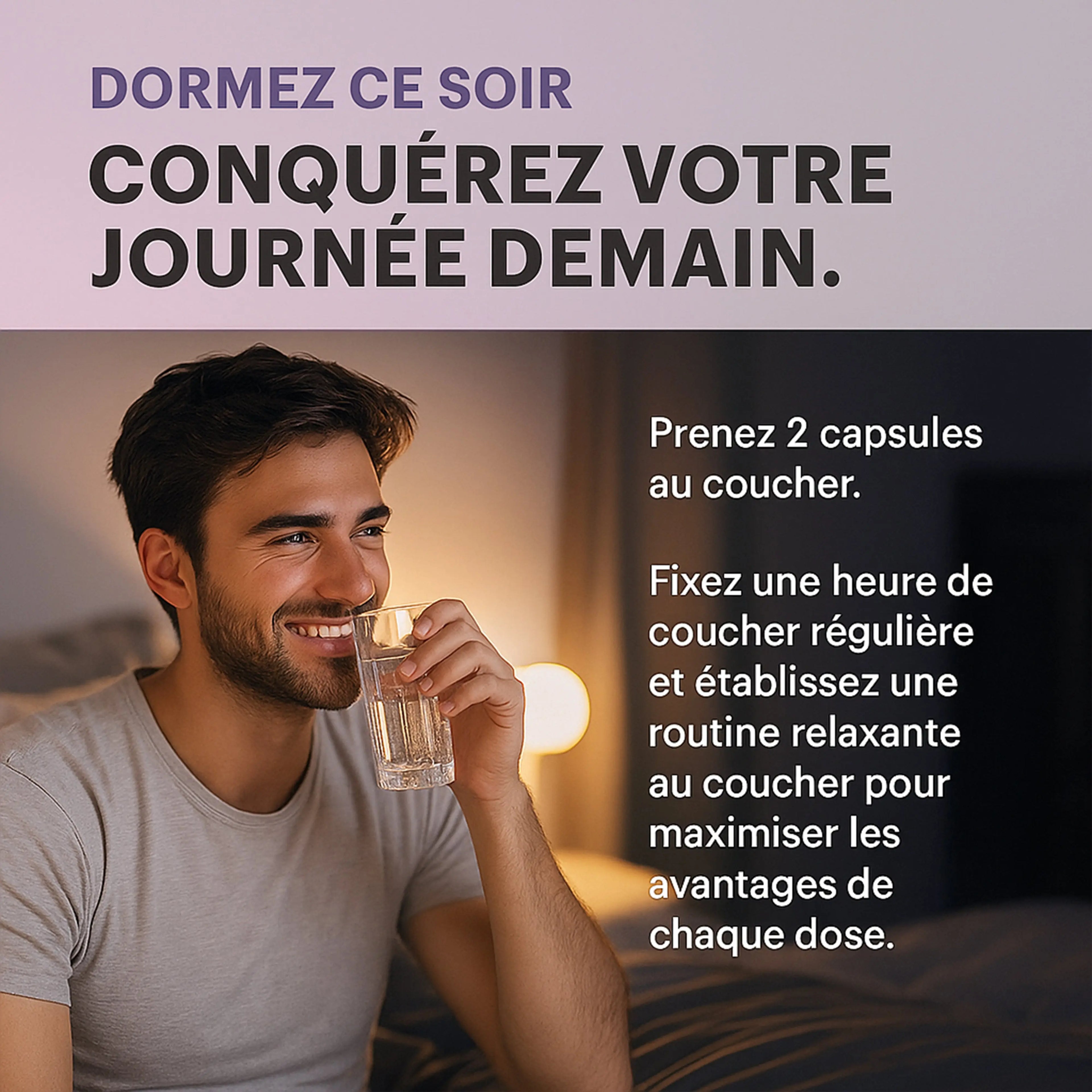 Man relaxing before bed, drinking water, with French sleep supplement instructions overlayed.