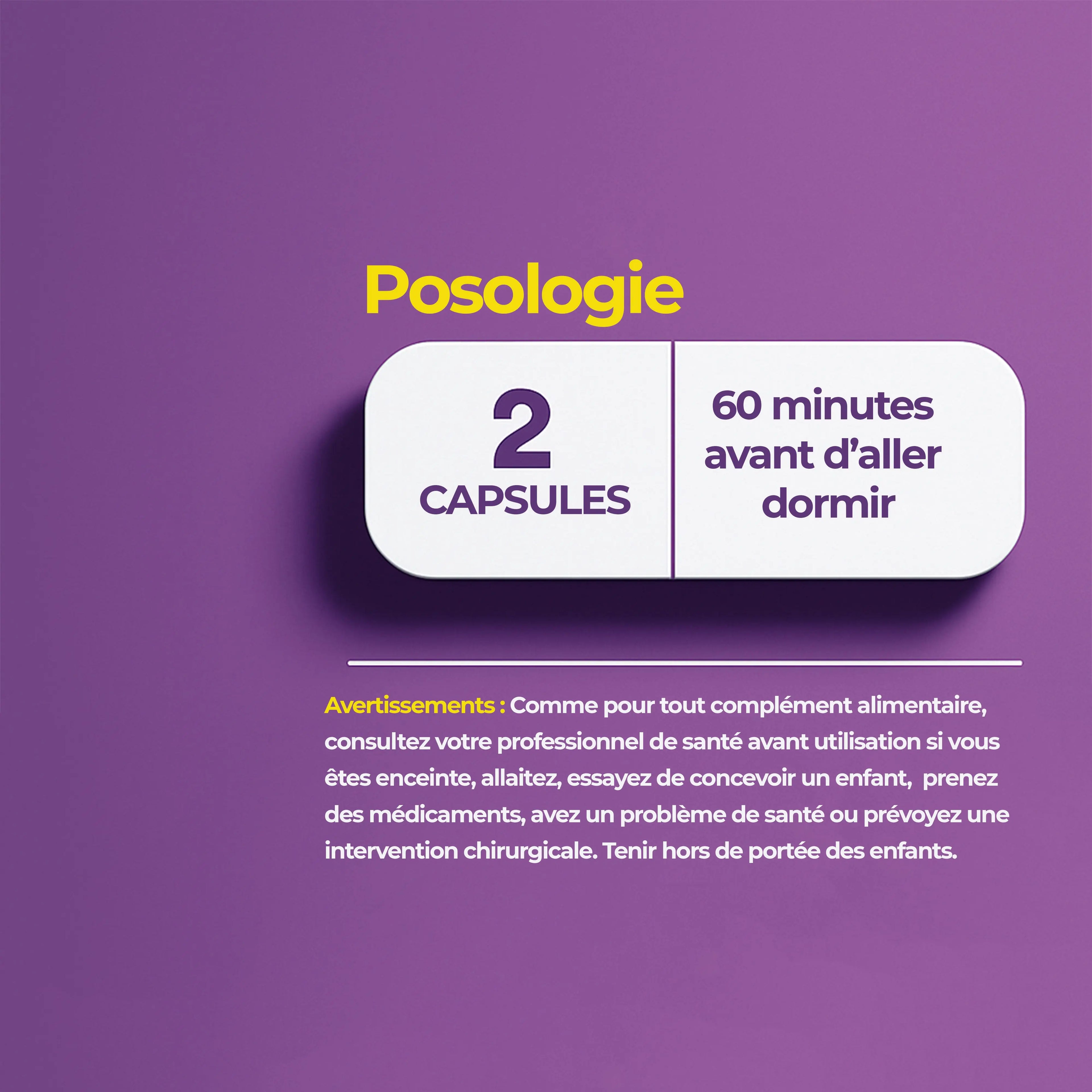 Dosage instructions for daily wellness supplement, take 2 capsules 60 minutes before sleep on purple background.