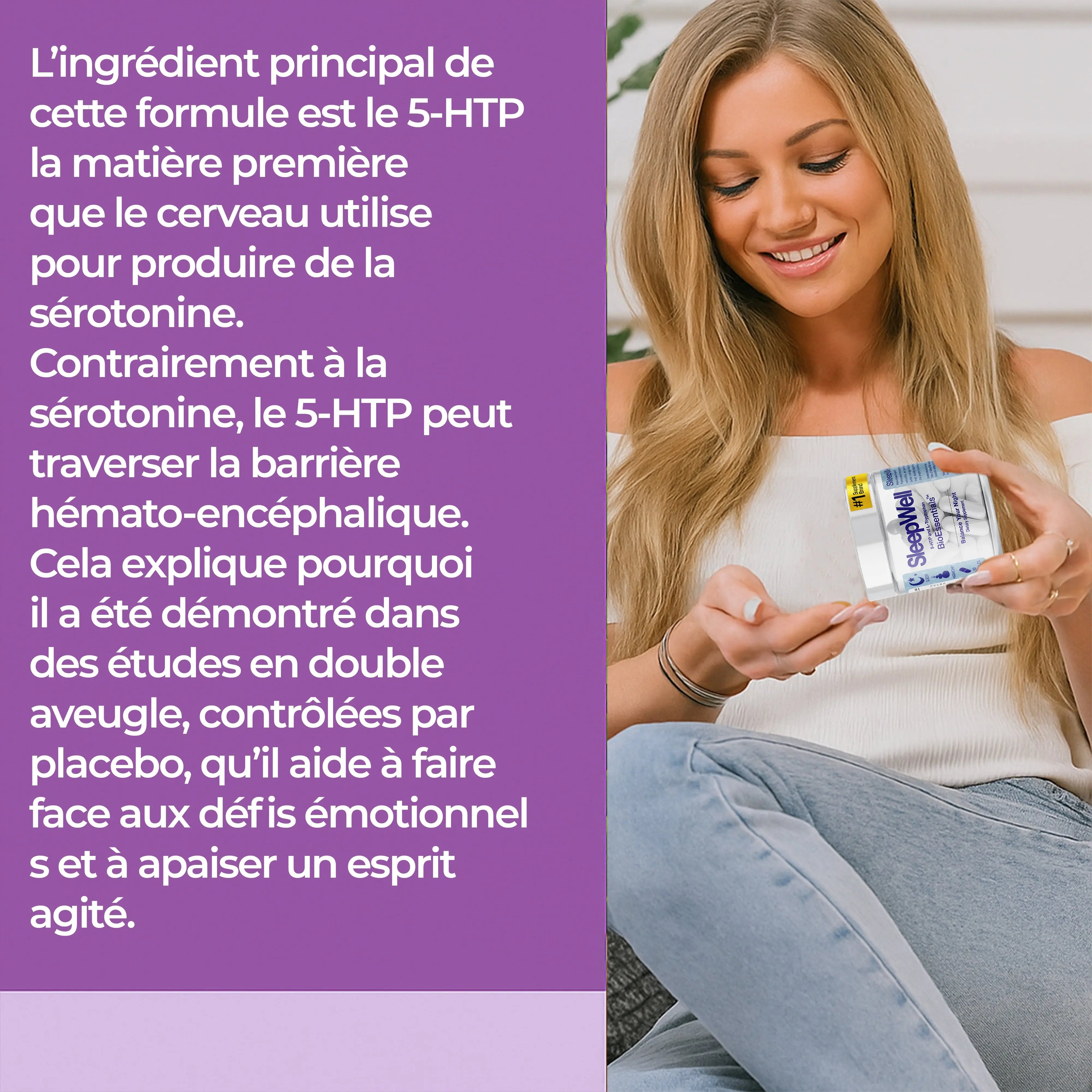 Woman taking 5-HTP supplement capsules for mood and emotional balance, holding SleepWell bottle.