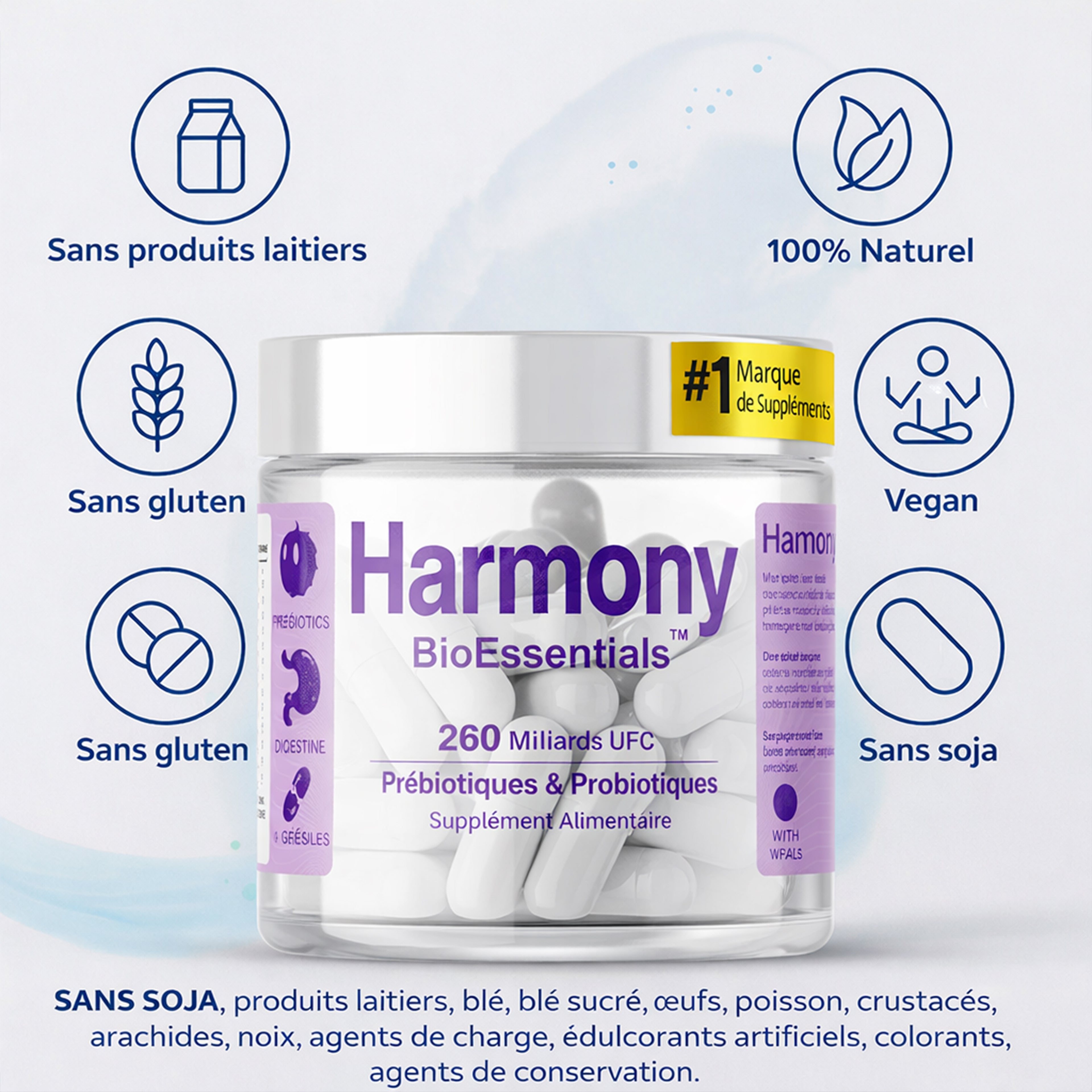 BioEssentials Harmony – Multi-Strain Probiotic & Prebiotic Complex with Enzymes – 260 Billion CFU & 10 Strains – Gut Microbiome & Immune Support – Inulin FOS GOS + Vit C D3 – 90 Vegan HPMC Capsules