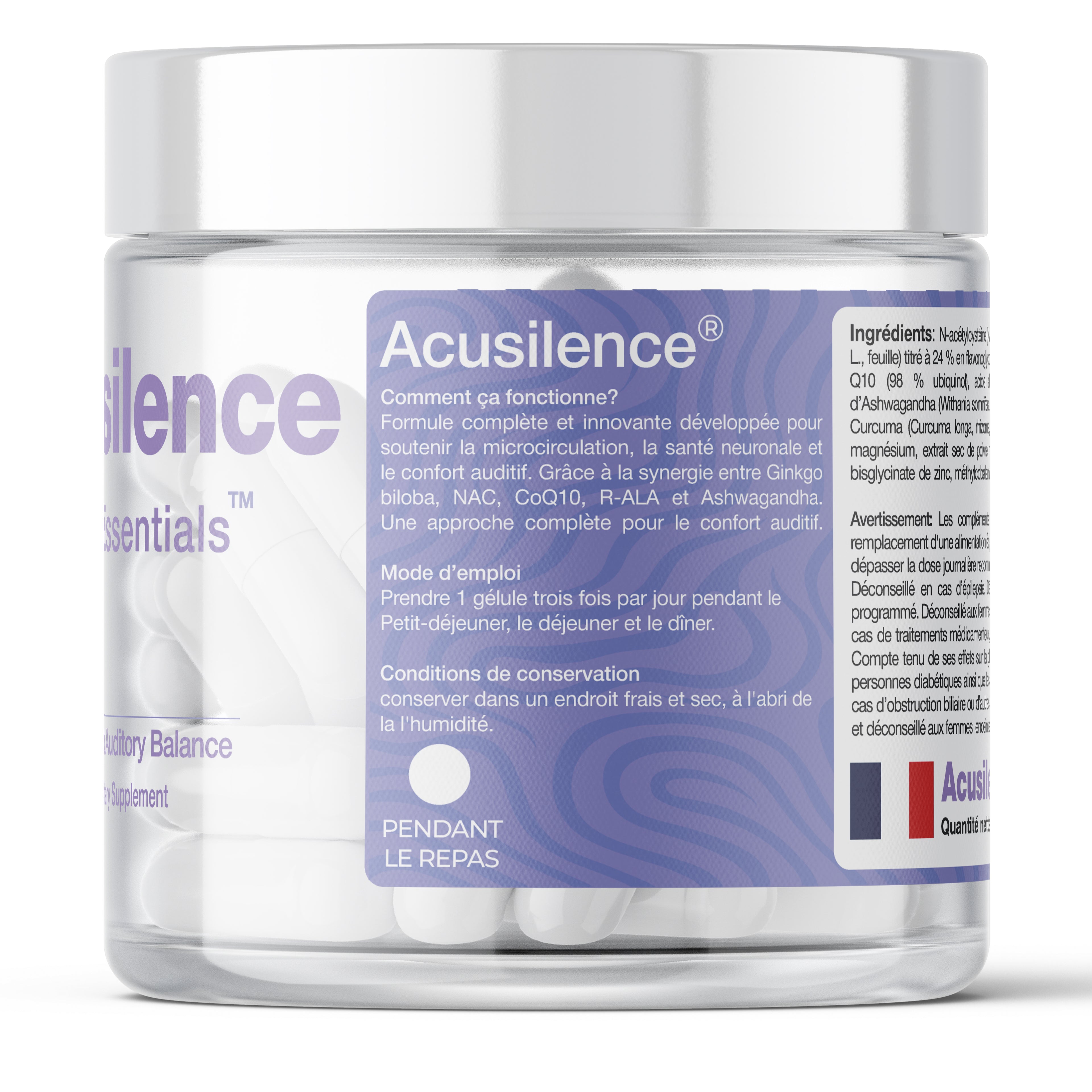 ACUSILENCE® Mikrokierto- ja Hermostollinen Tukikompleksi Kuulon Mukavuuteen NAC:lla, Ginkgolla, CoQ10:llä & R-ALA:lla