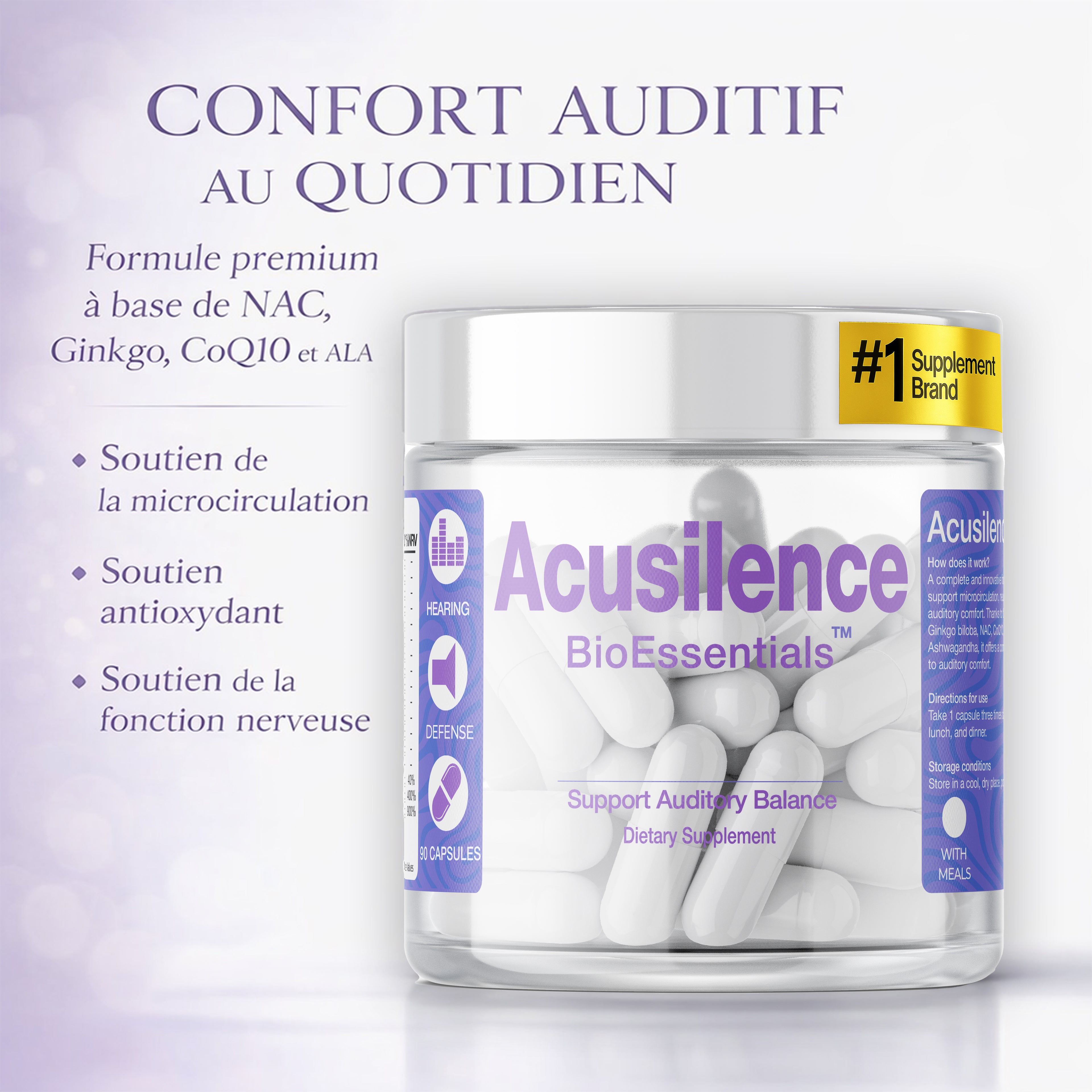 ACUSILENCE® Mikrokierto- ja Hermostollinen Tukikompleksi Kuulon Mukavuuteen NAC:lla, Ginkgolla, CoQ10:llä & R-ALA:lla