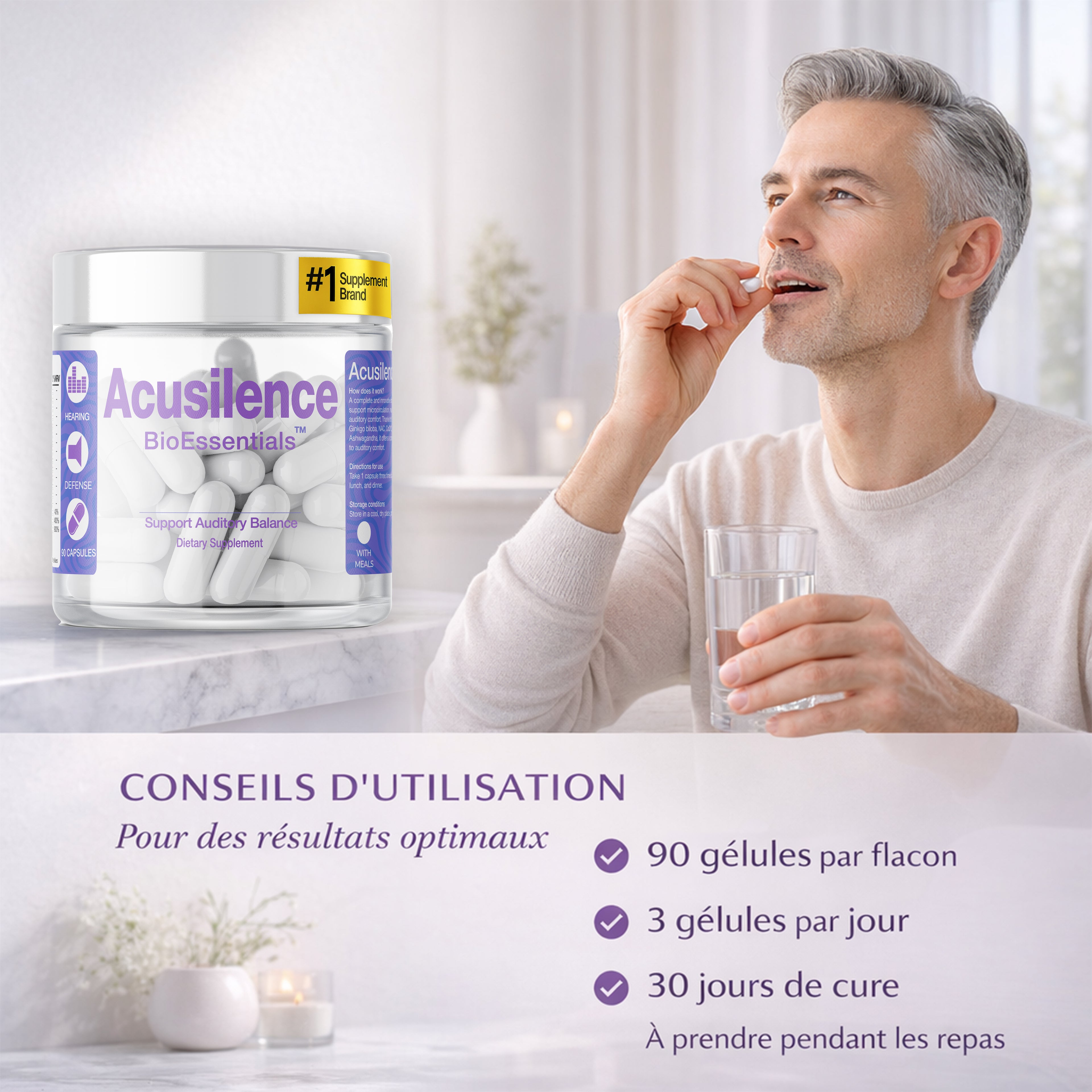 ACUSILENCE® Mikrokierto- ja Hermostollinen Tukikompleksi Kuulon Mukavuuteen NAC:lla, Ginkgolla, CoQ10:llä & R-ALA:lla