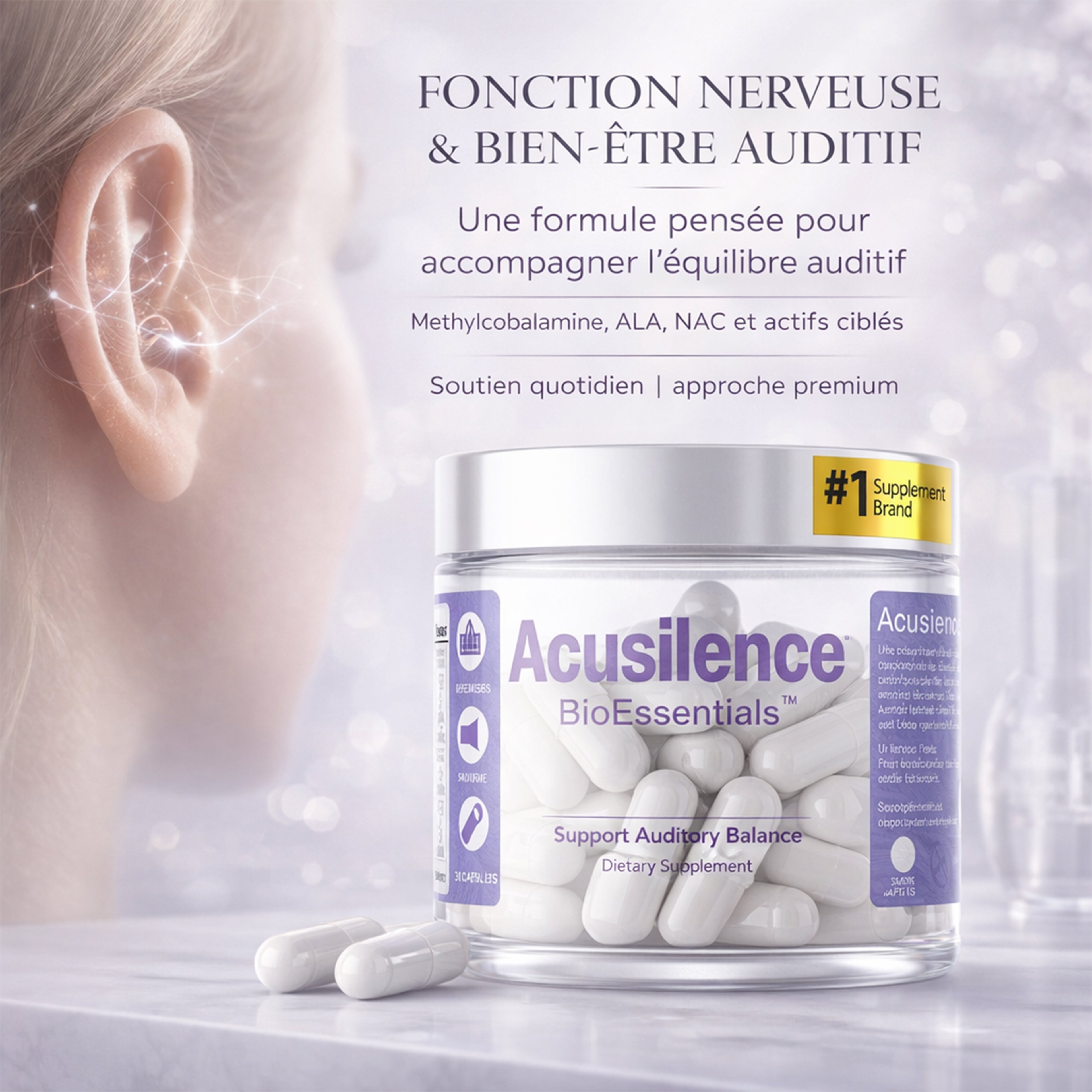 ACUSILENCE® Mikrokierto- ja Hermostollinen Tukikompleksi Kuulon Mukavuuteen NAC:lla, Ginkgolla, CoQ10:llä & R-ALA:lla