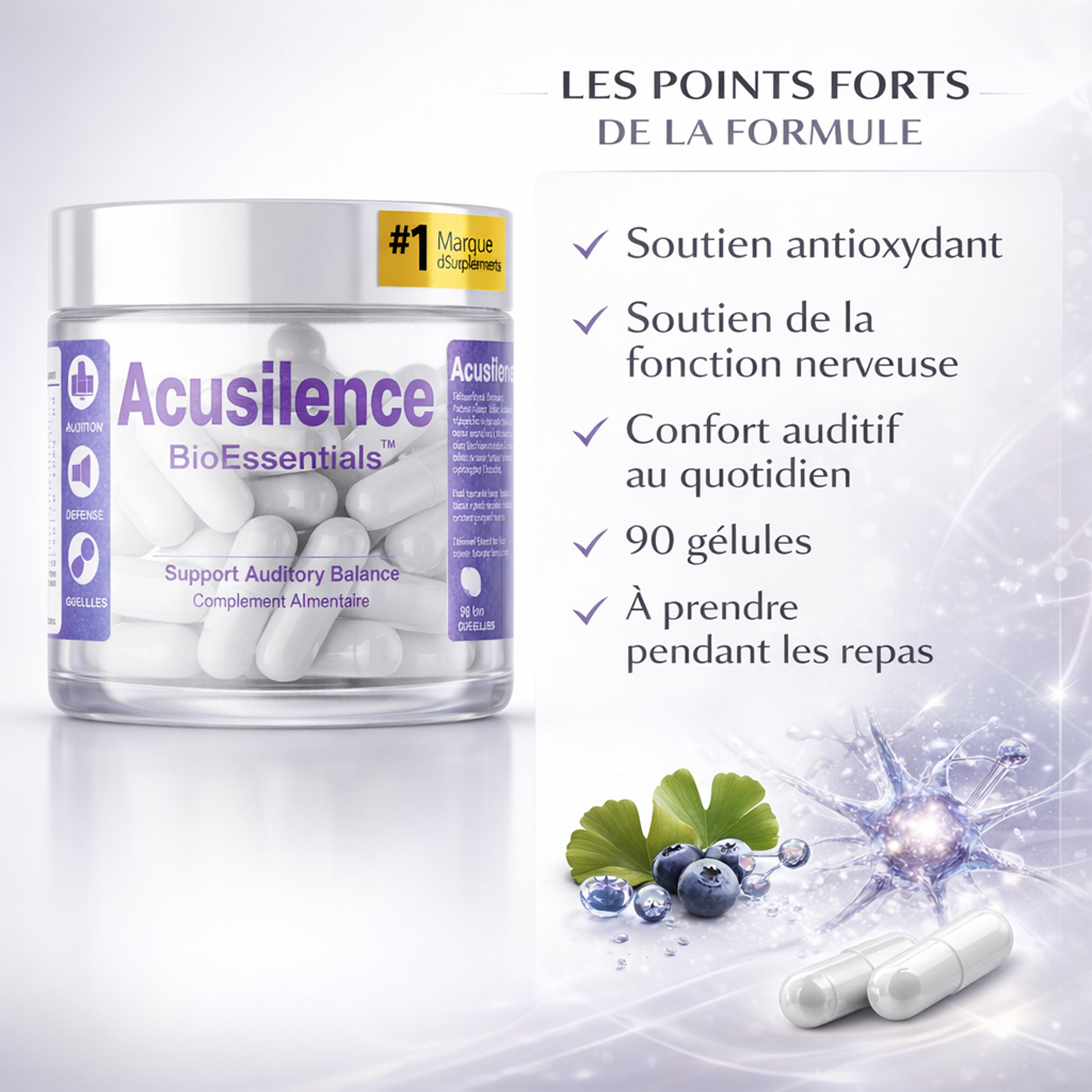 ACUSILENCE® Mikrokierto- ja Hermostollinen Tukikompleksi Kuulon Mukavuuteen NAC:lla, Ginkgolla, CoQ10:llä & R-ALA:lla