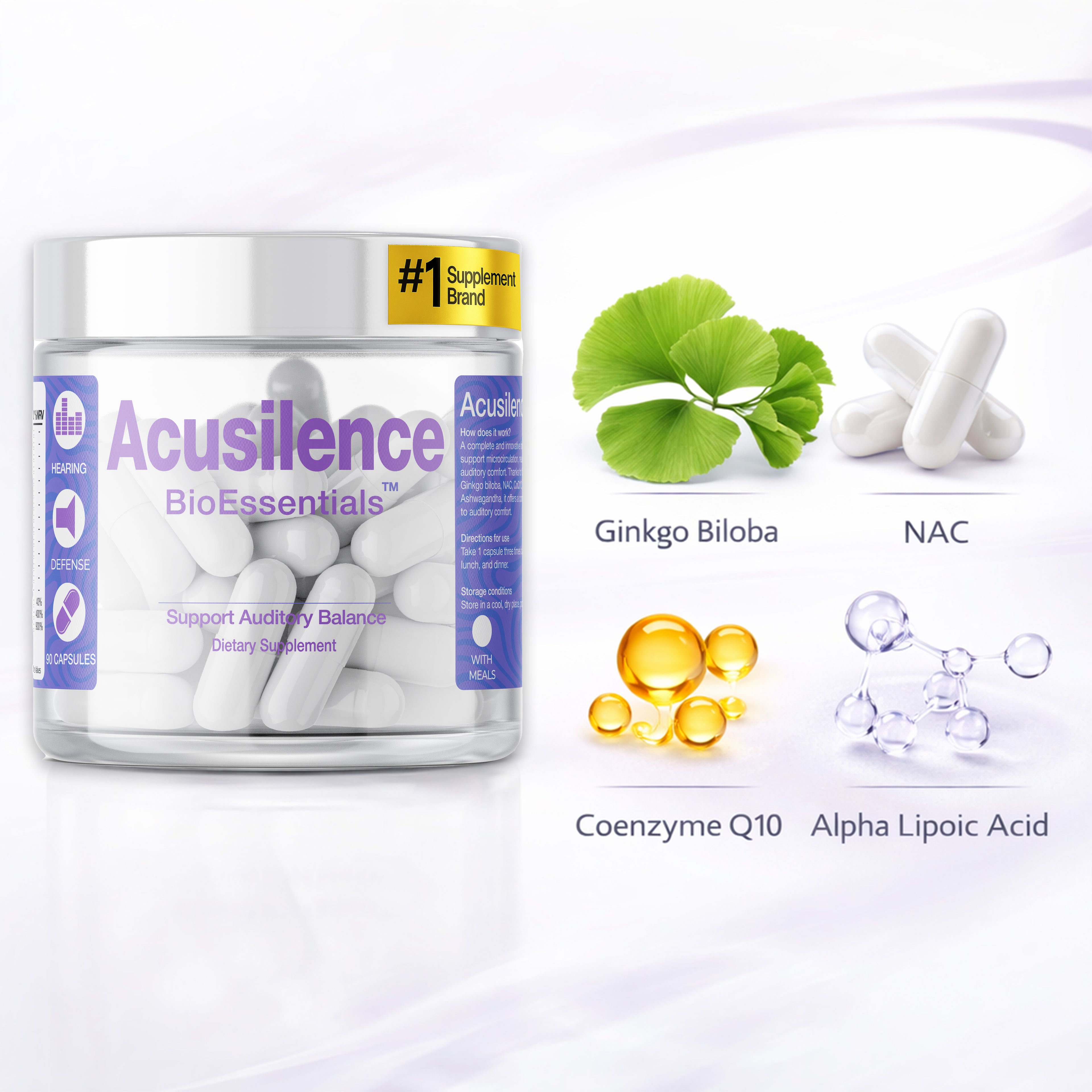 ACUSILENCE® Mikrokierto- ja Hermostollinen Tukikompleksi Kuulon Mukavuuteen NAC:lla, Ginkgolla, CoQ10:llä & R-ALA:lla