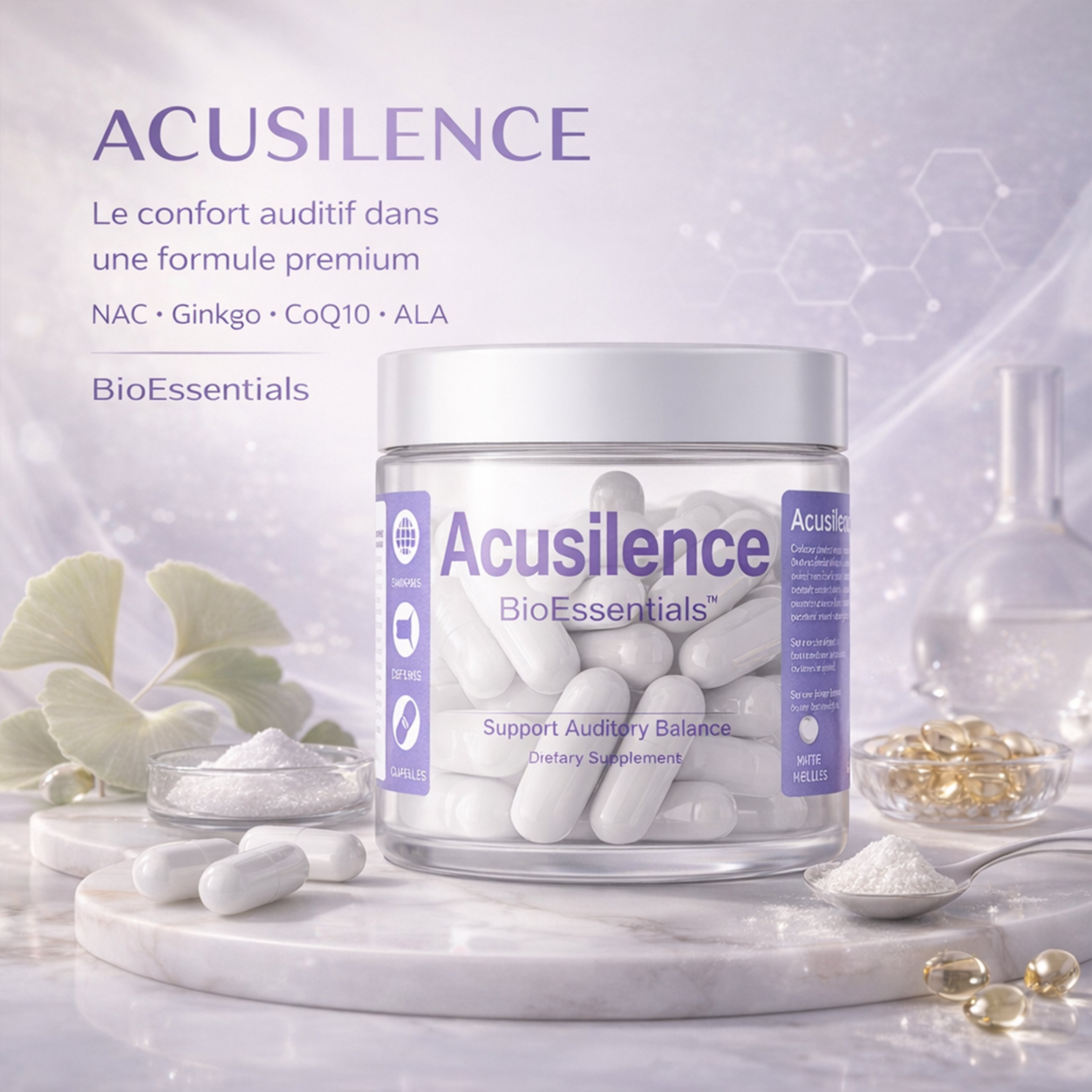ACUSILENCE® Mikrokierto- ja Hermostollinen Tukikompleksi Kuulon Mukavuuteen NAC:lla, Ginkgolla, CoQ10:llä & R-ALA:lla