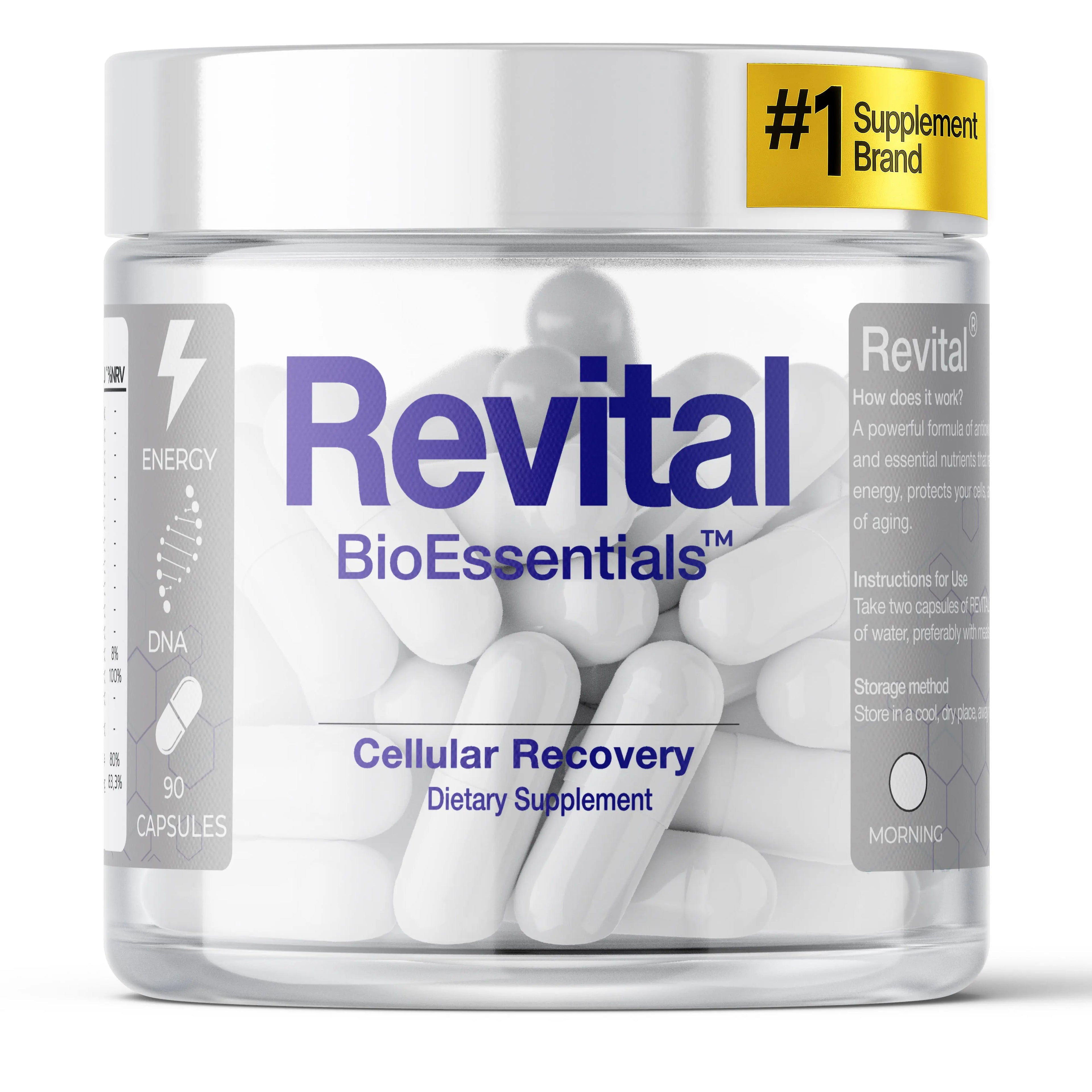 Revital BioEssentials cellular recovery dietary supplement capsules in clear jar