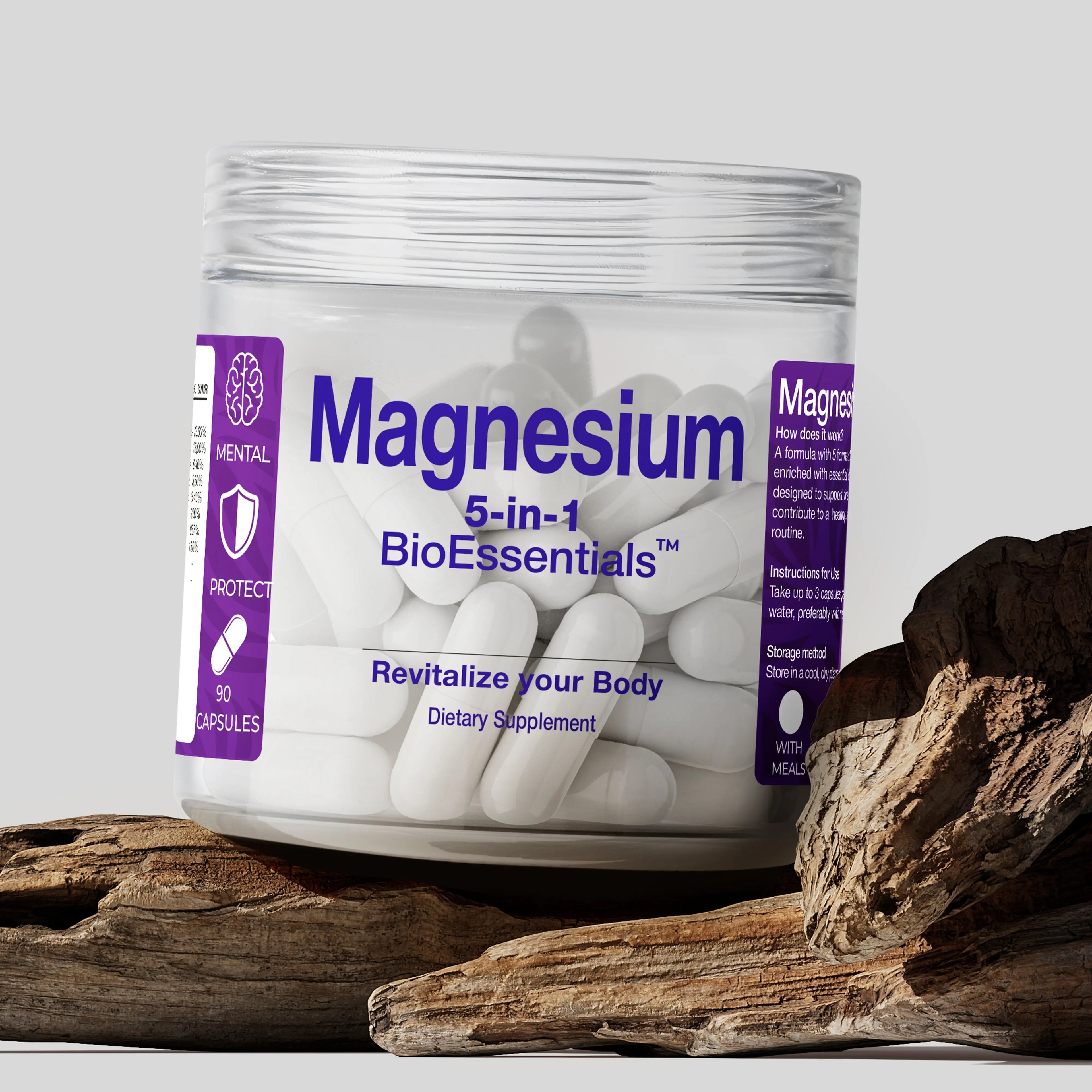Magnesium 5-in-1 dietary supplement capsules in clear jar on wood, wellness support