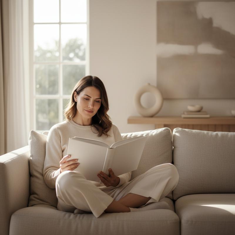 A calm woman in her 30s in a sunlit living room, relaxed posture during monthly cycle comfort