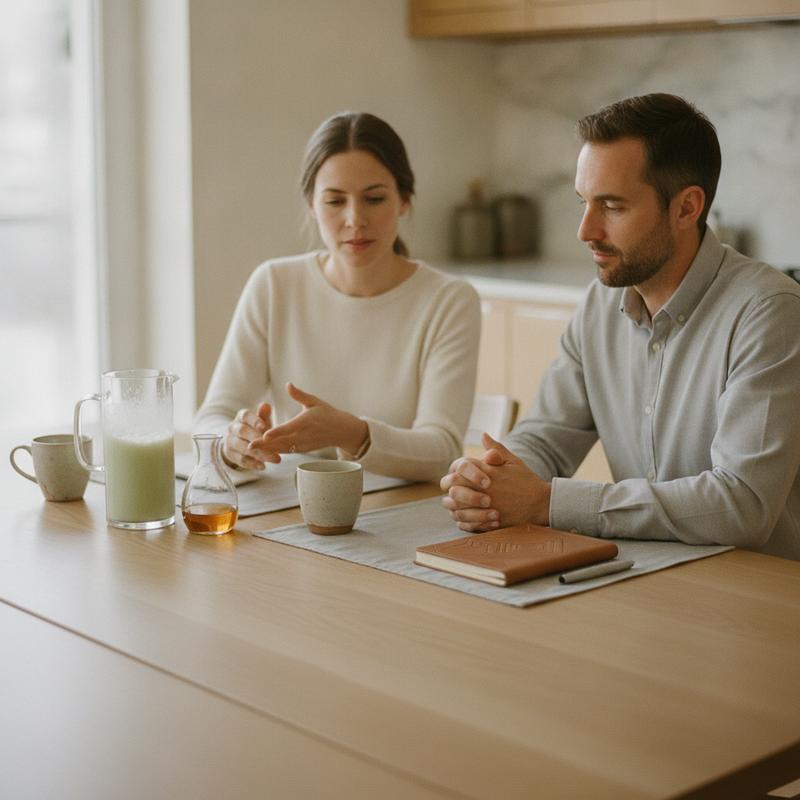 Two adults comparing a daytime greens routine and an evening wellness plan in a premium kitchen - SleepWell guide