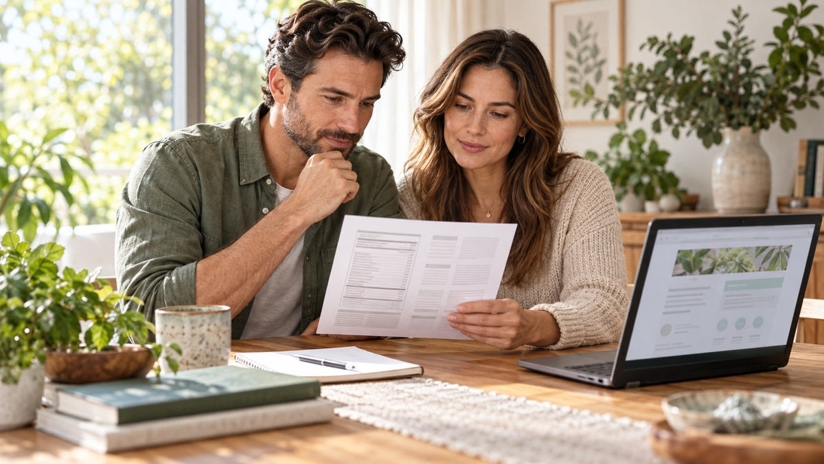Two adults checking a printed label and laptop at a bright botanical table without product packaging
