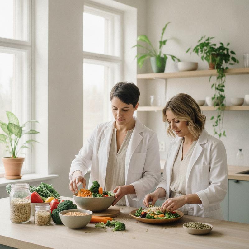 Two people preparing a fibre-rich plant-based meal in a bright natural kitchen, everyday gut wellness