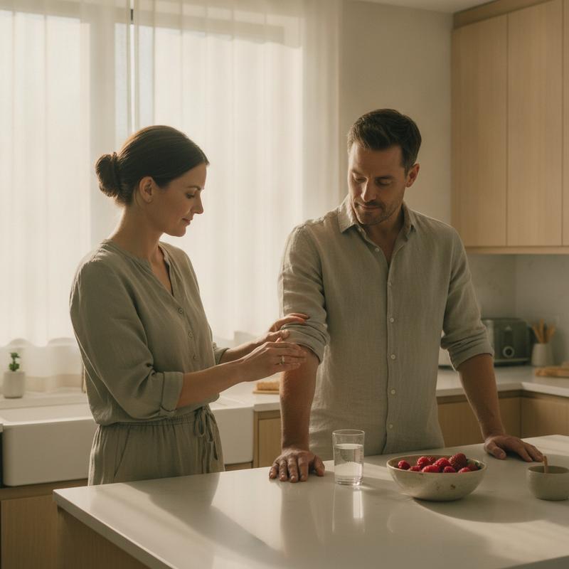 Two adults sharing a calm evening wellness routine in a premium kitchen - Restore Gummies Chinese bayberry guide
