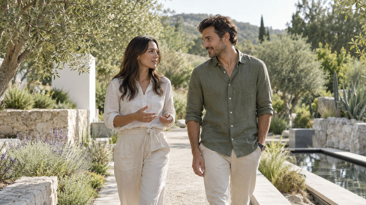 Two adults sharing a relaxed conversation while walking in a sunlit botanical garden