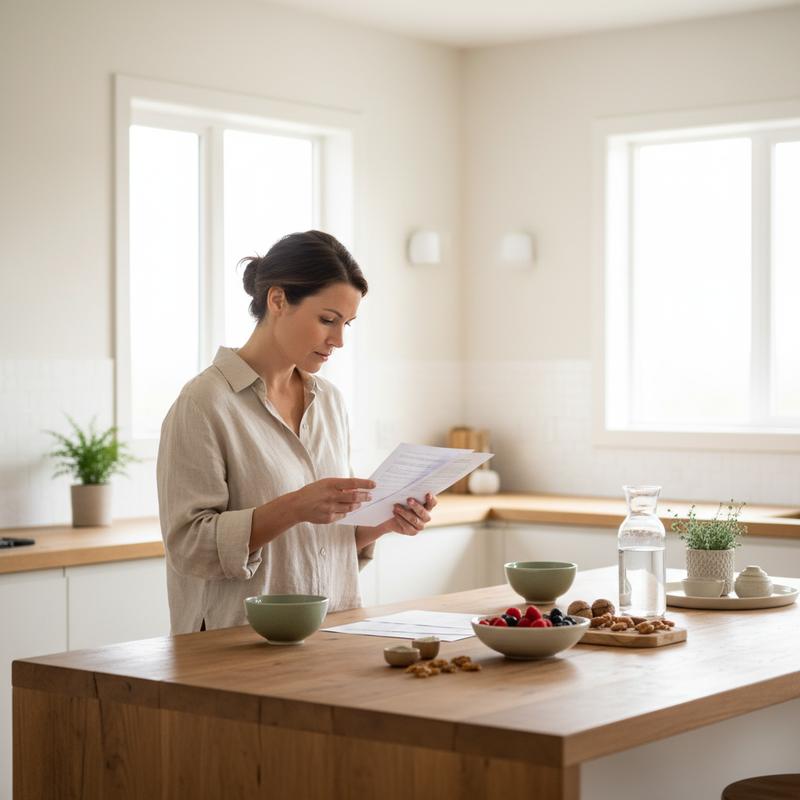 Woman in a bright minimalist kitchen reviewing supplement labels — blood sugar support supplement buyer's guide 2026