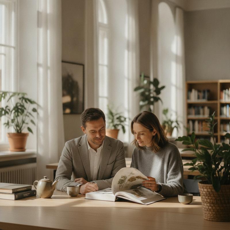 Two adults reading a botanical science journal in a bright premium library - AndoWeight fenugreek extract guide