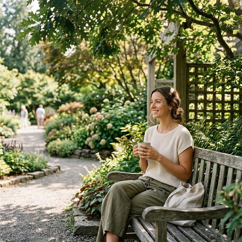 Serene woman in botanical garden — PUREDETOX liver support wellness