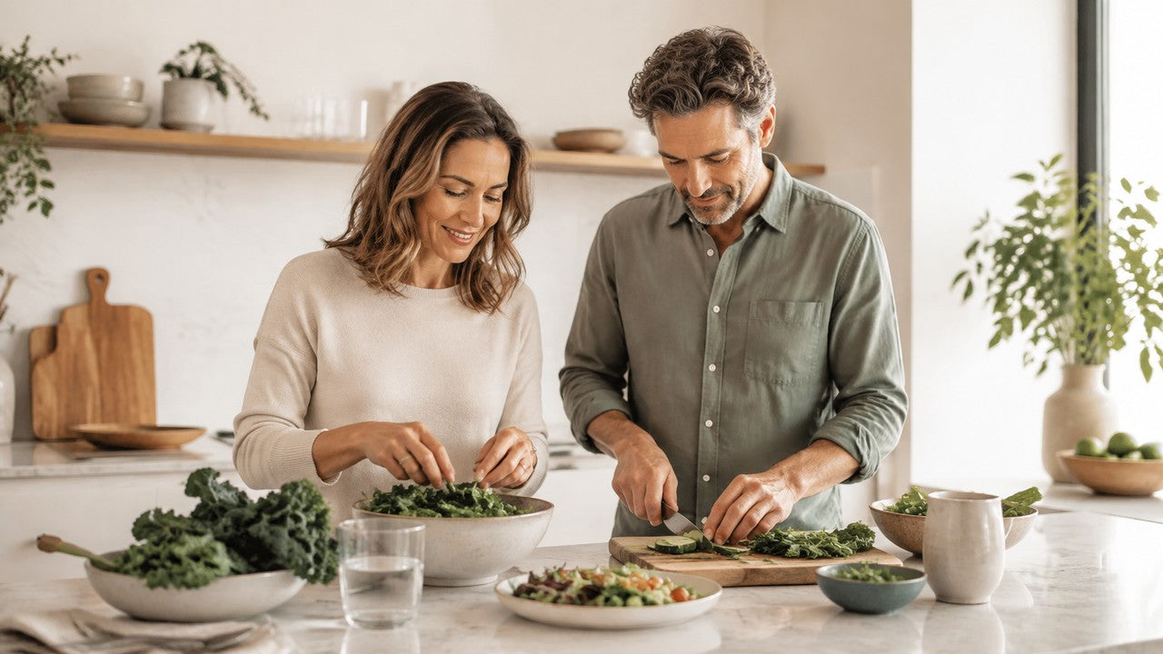 Two adults preparing a fresh vegetable lunch in a sunlit neutral kitchen beside a glass of water