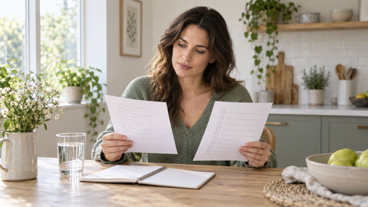 Adult woman reviewing plain ingredient notes and a comparison sheet at a pale wooden kitchen table
