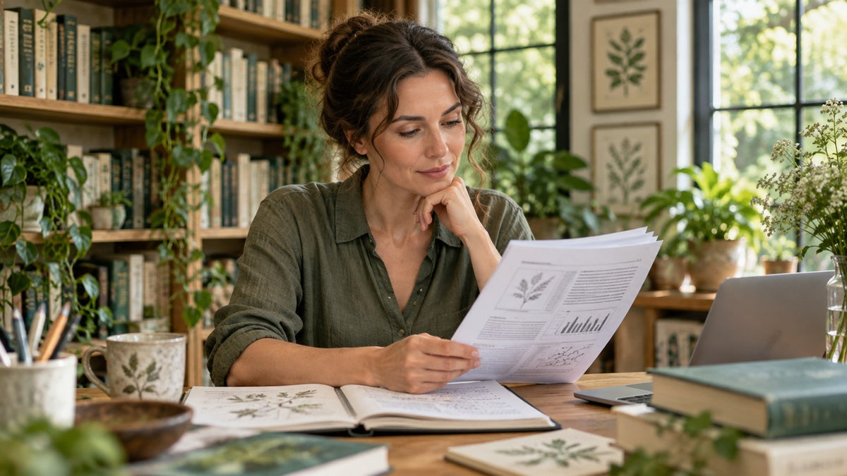Woman reading scientific notes at a bright desk with green plants and no product packaging