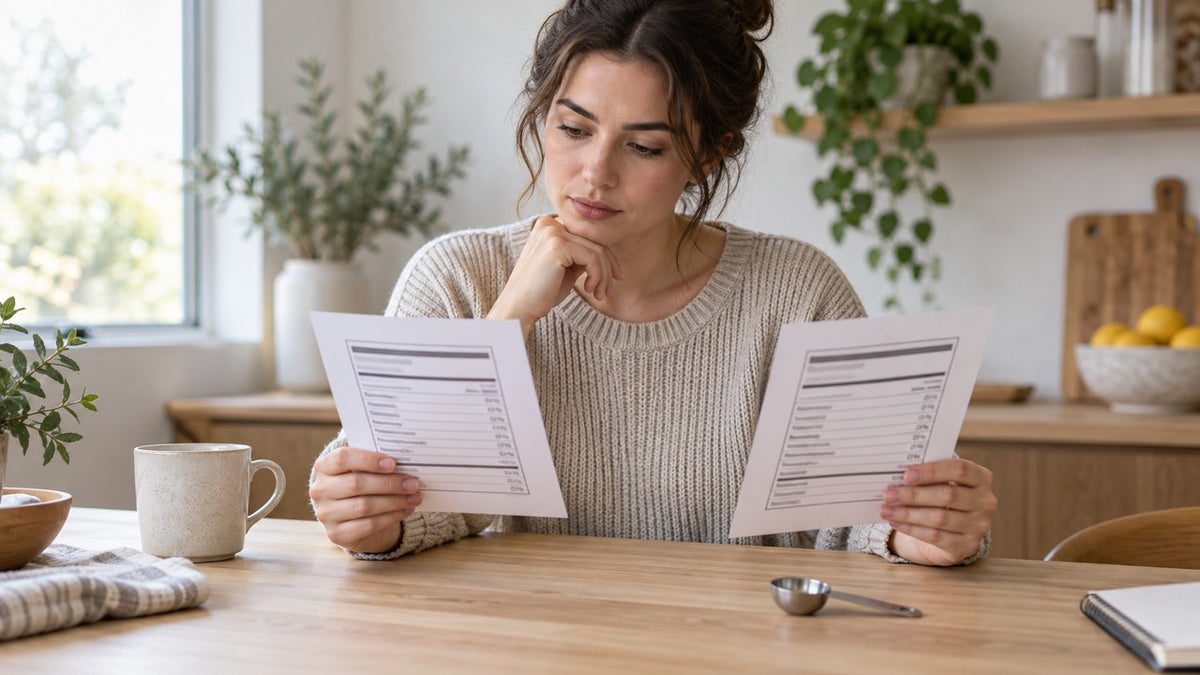 Adult comparing unbranded nutrition information sheets beside a measuring spoon