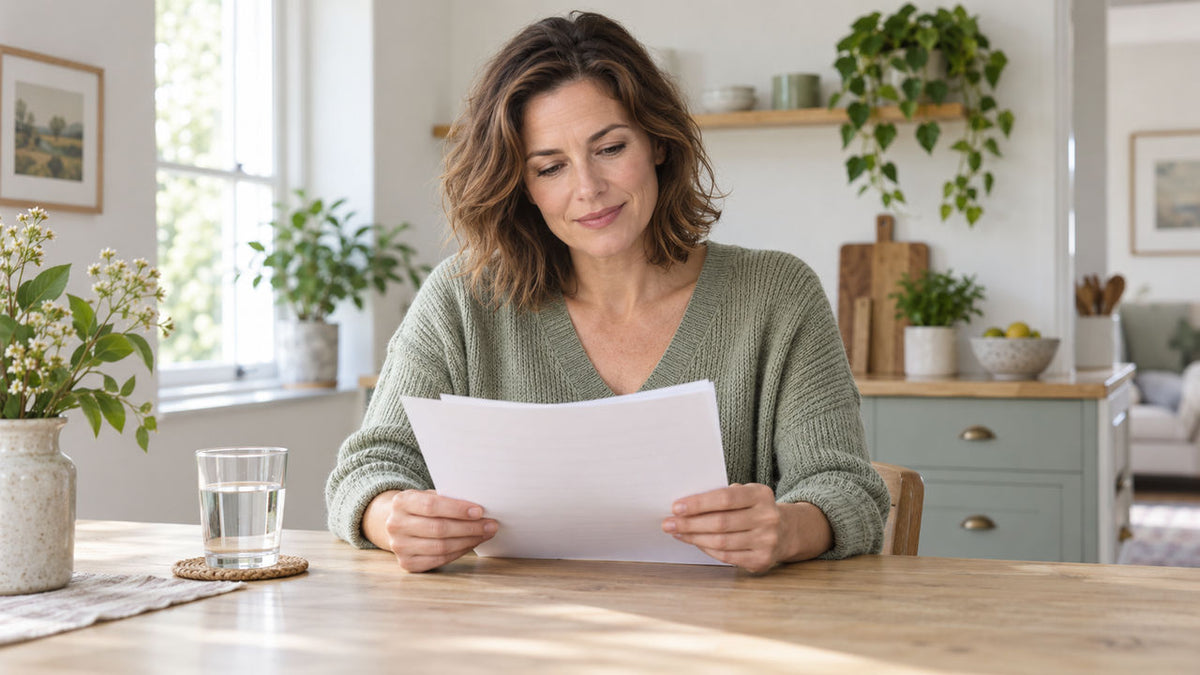 Adult reading plain nutrient notes at a pale wooden kitchen table beside a glass of water in natural daylight