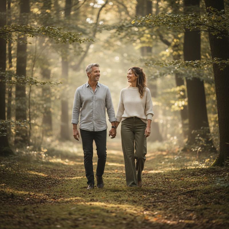 Two people in a sunlit natural setting conveying sustained cellular energy — REVITAL NAD+ formula science