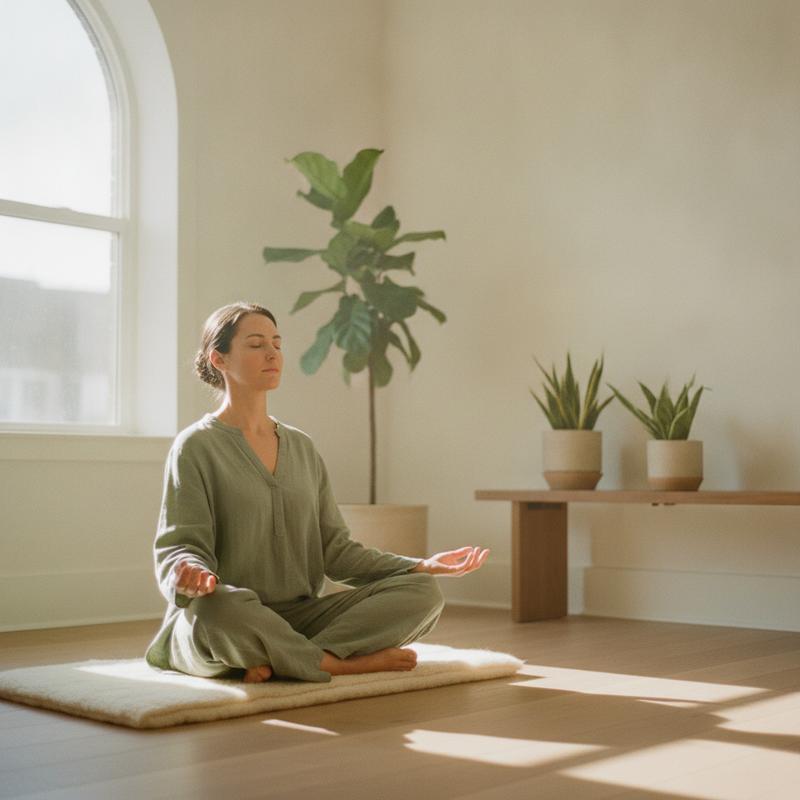 Calm adult in a quiet sunlit room practicing a grounded routine - Acusilence auditory comfort support