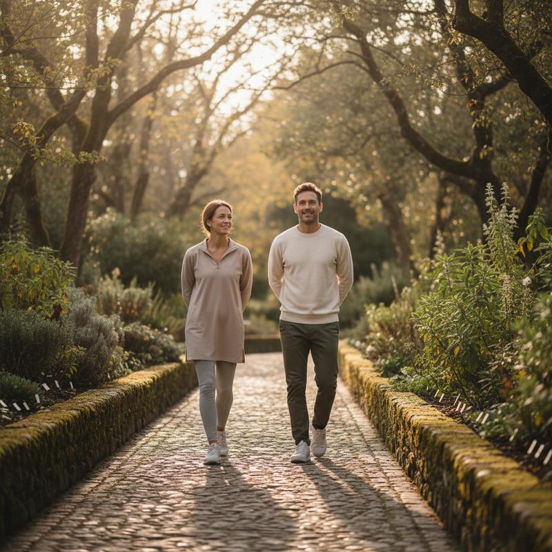 Two people walking in a serene European forest — EU modular precision supplements for modern wellness