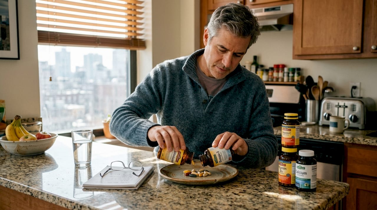 Man preparing supplement stack in kitchen