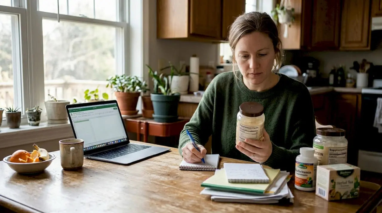 Woman researching supplements at kitchen table