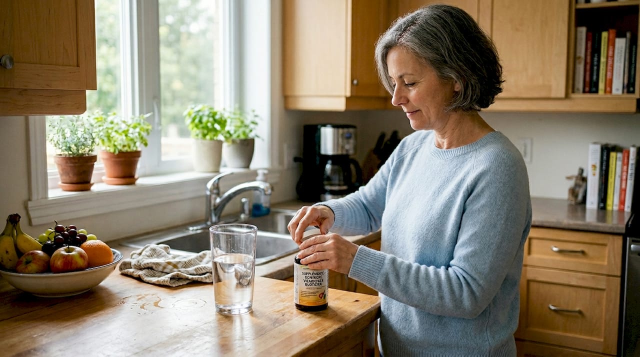 Une femme prépare des compléments alimentaires haut de gamme dans sa cuisine.