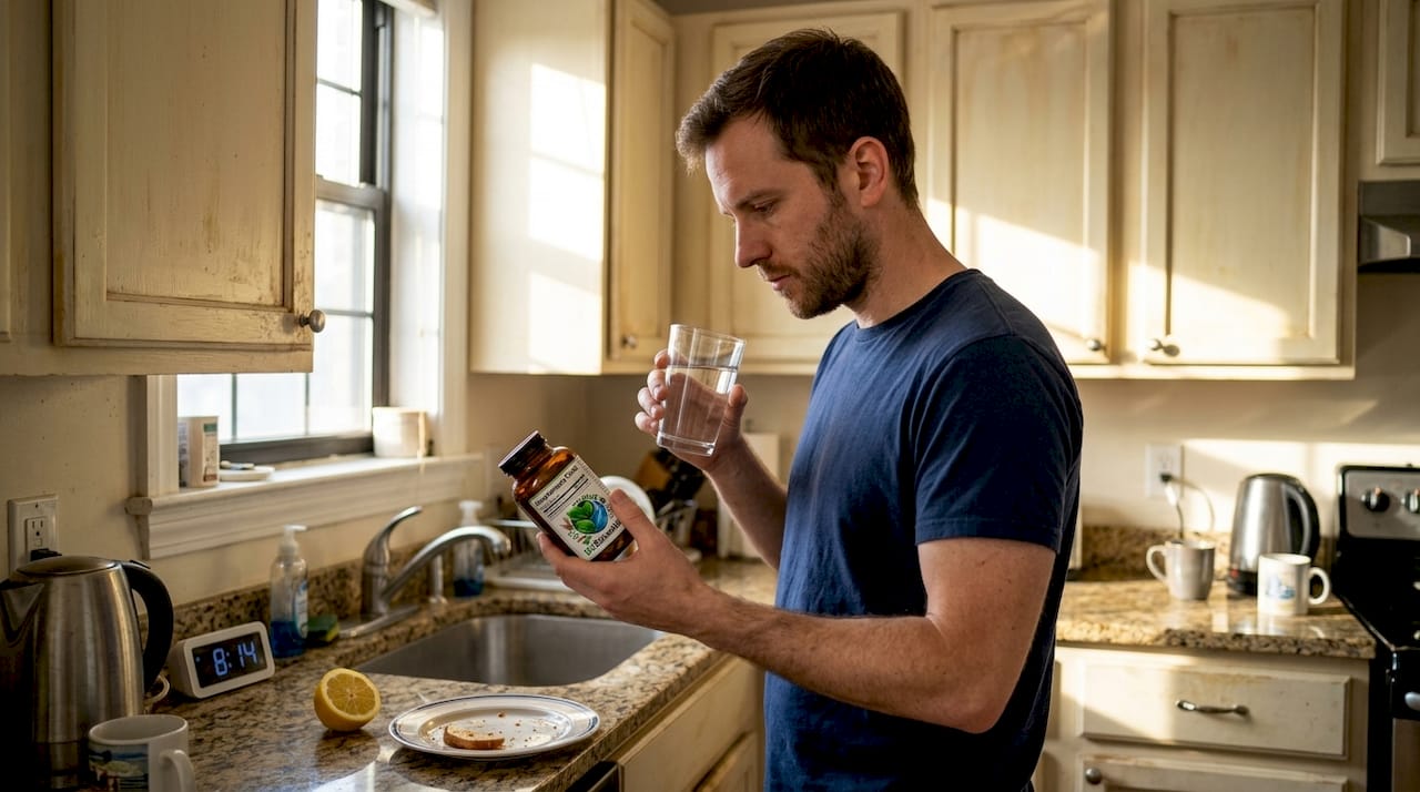 Man reading supplement bottle in home kitchen