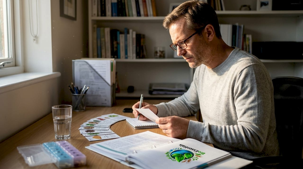 Scientist reviewing nootropic ingredients at desk
