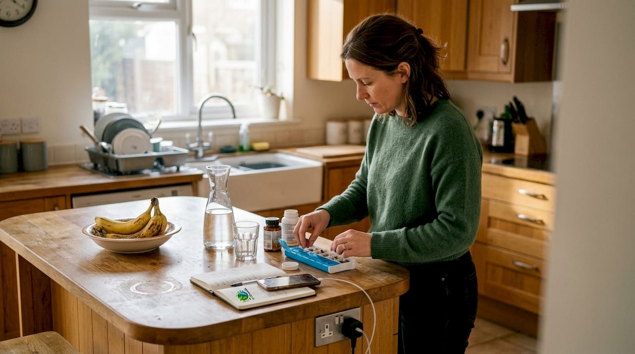Woman preparing daily supplements in kitchen
